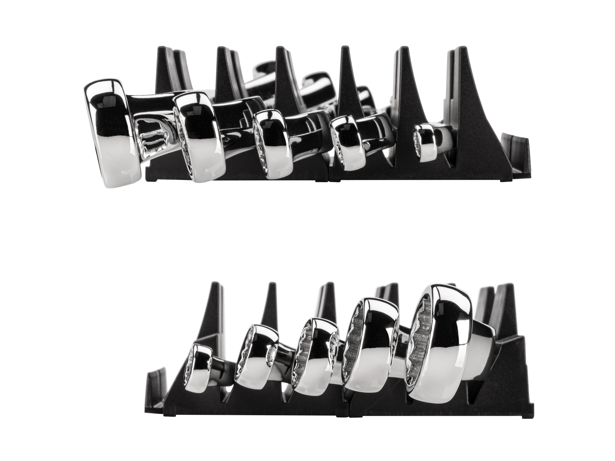 Left and right views of 5-piece inch box end wrench set in a black modular