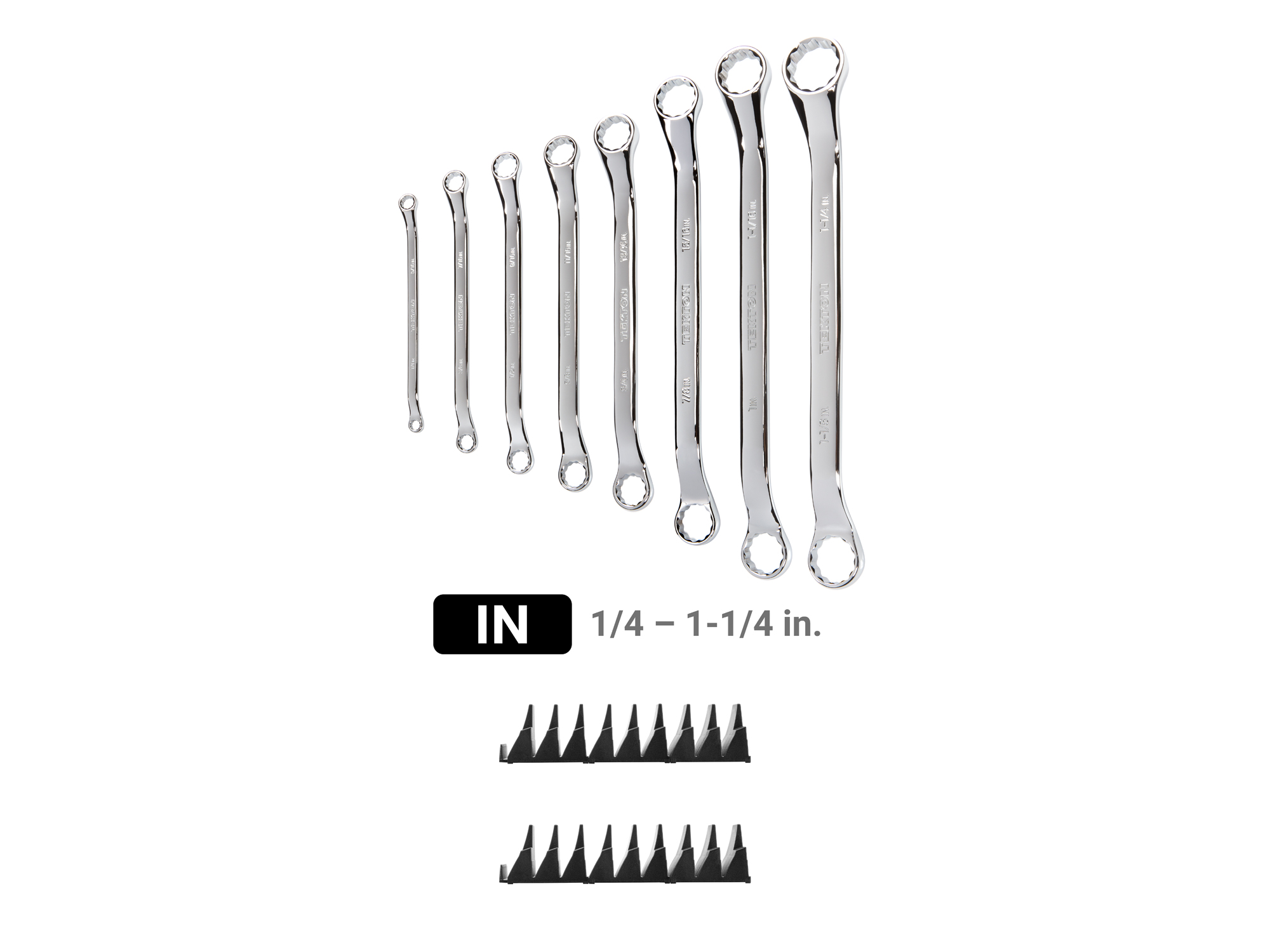 Set includes 1/4–1-1/4 inch (SAE) 45-degree offset double box end wrenches with 12-point box ends. Comes with modular wrench organizers. WBE95102.