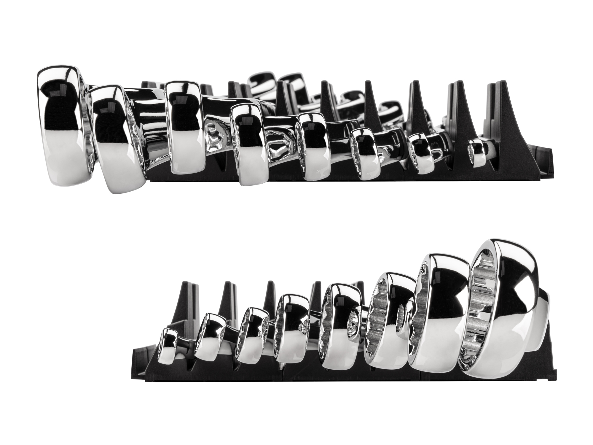 Left and right views of 8-piece inch box end wrench set in a black modular