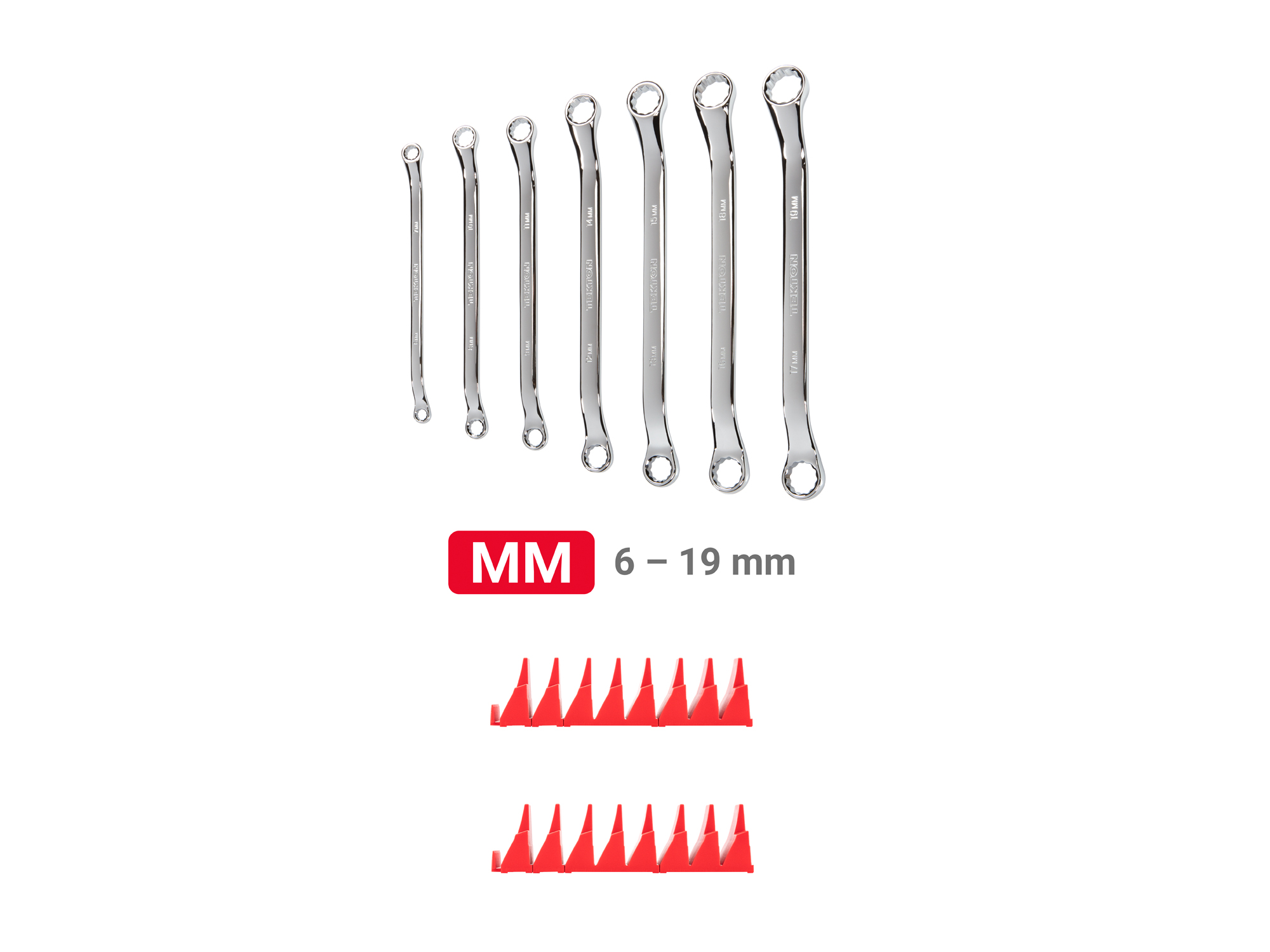 Set includes 6–19 mm (metric) 45-degree offset double box end wrenches with 12-point box ends. Comes with modular wrench organizers. WBE95201.