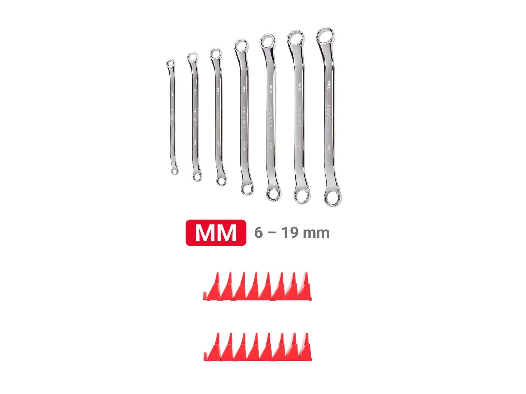 Laid out contents of Tekton modular box end wrench set. Item #WBE95201
