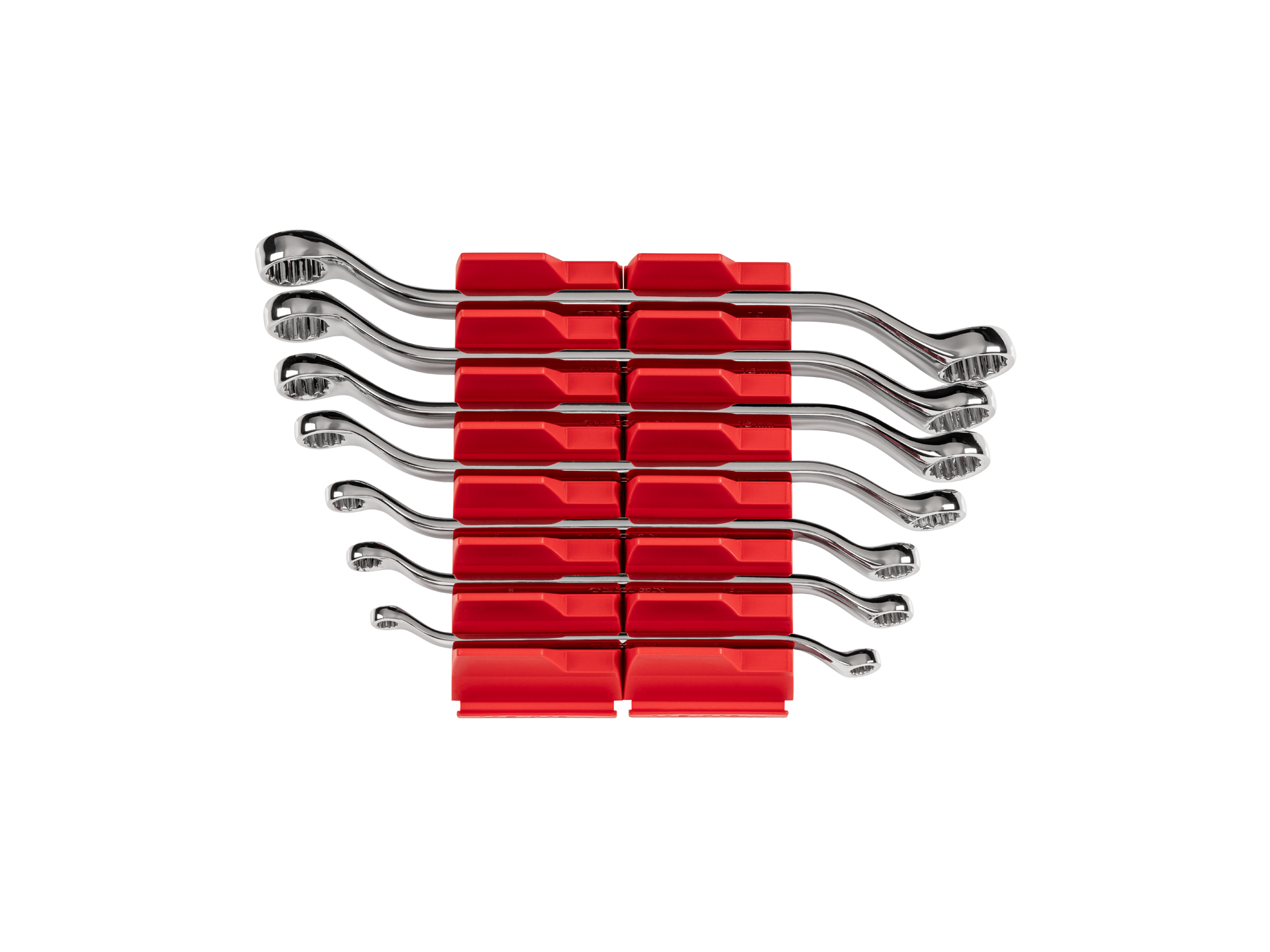 Set includes 6–19 mm (metric) 45-degree offset double box end wrenches with 12-point box ends. Comes with modular wrench organizers. WBE95201.