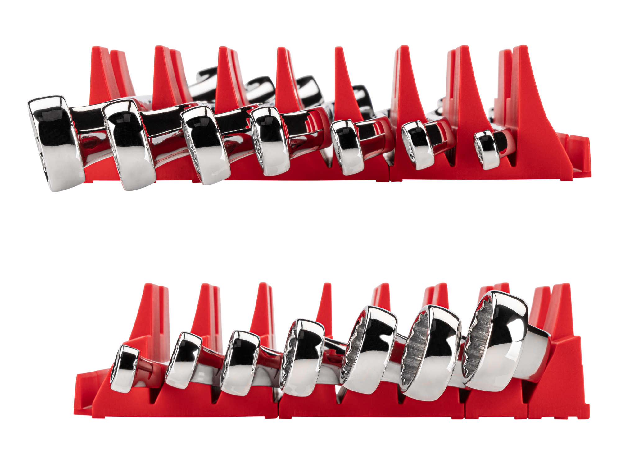 Left and right views of 7-piece metric box end wrench set in a red modular