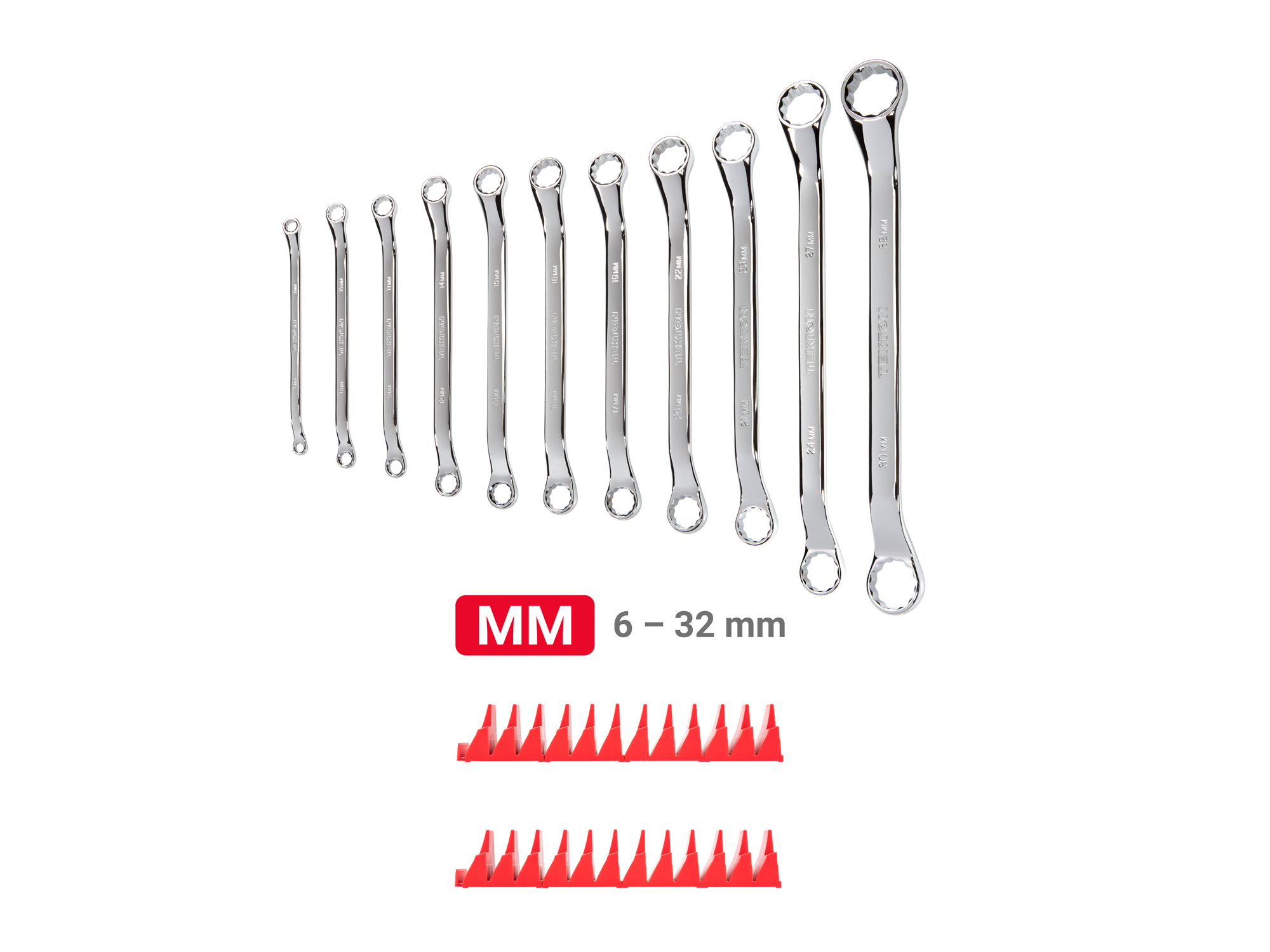 Set includes 6–32 mm (metric) 45-degree offset double box end wrenches with 12-point box ends. Comes with modular wrench organizers. WBE95202.