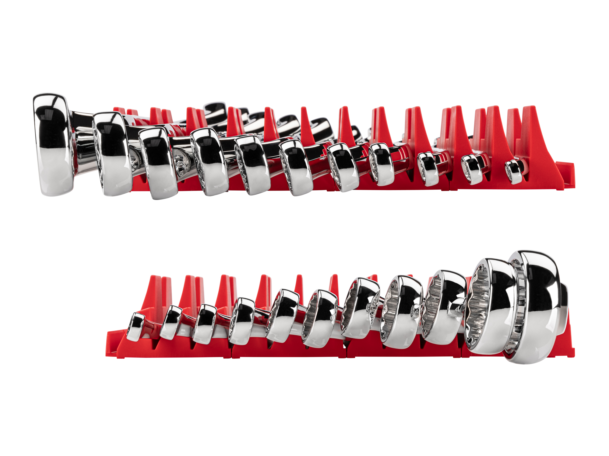 Left and right views of 11-piece metric box end wrench set in a red modular