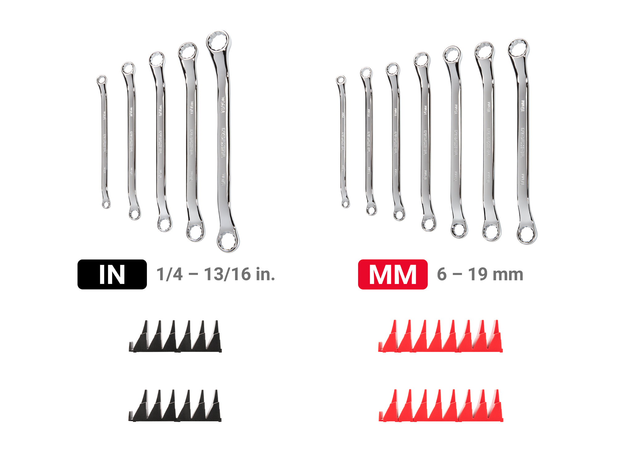 Set includes 1/4–13/16 inch (SAE) and 6–19 mm (metric) 45-degree offset double box end wrenches with 12-point box ends. Comes with modular wrench organizers. WBE95301.