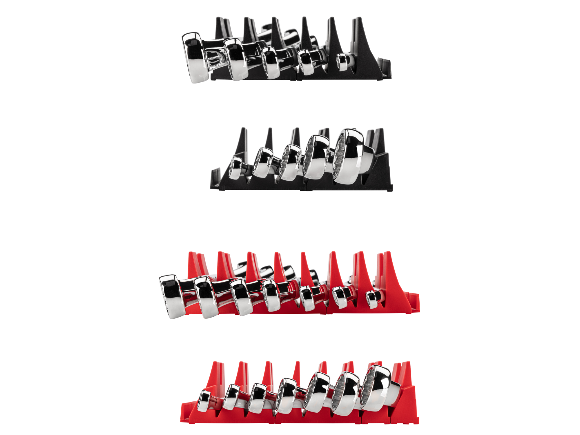 Left and right views of 12-piece inch-and-metric box end wrench set in a black modular