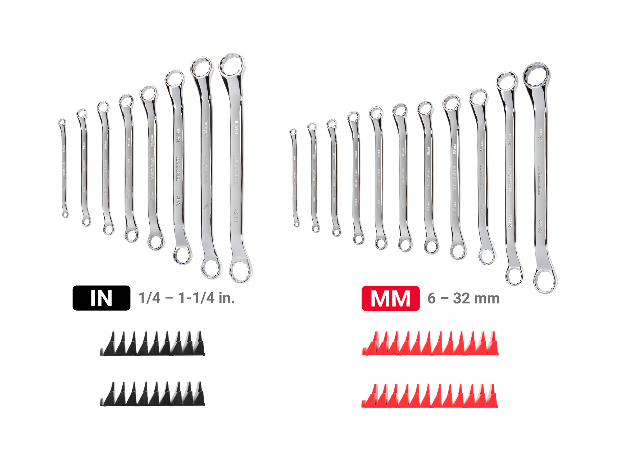 Set includes 1/4–1-1/4 inch (SAE) and 6–32 mm (metric) 45-degree offset double box end wrenches with 12-point box ends. Comes with modular wrench organizers. WBE95302.