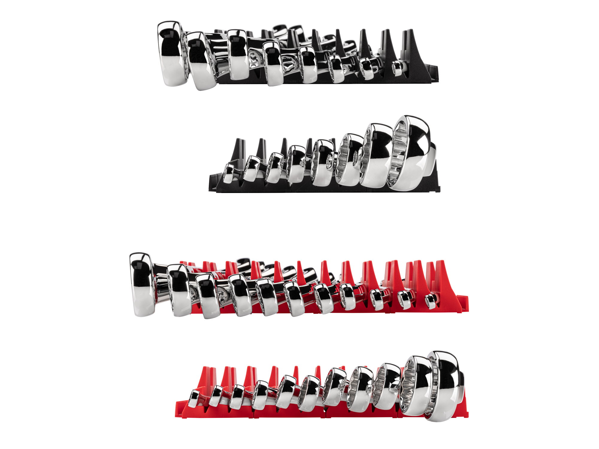 Left and right views of 19-piece inch-and-metric box end wrench set in a black modular