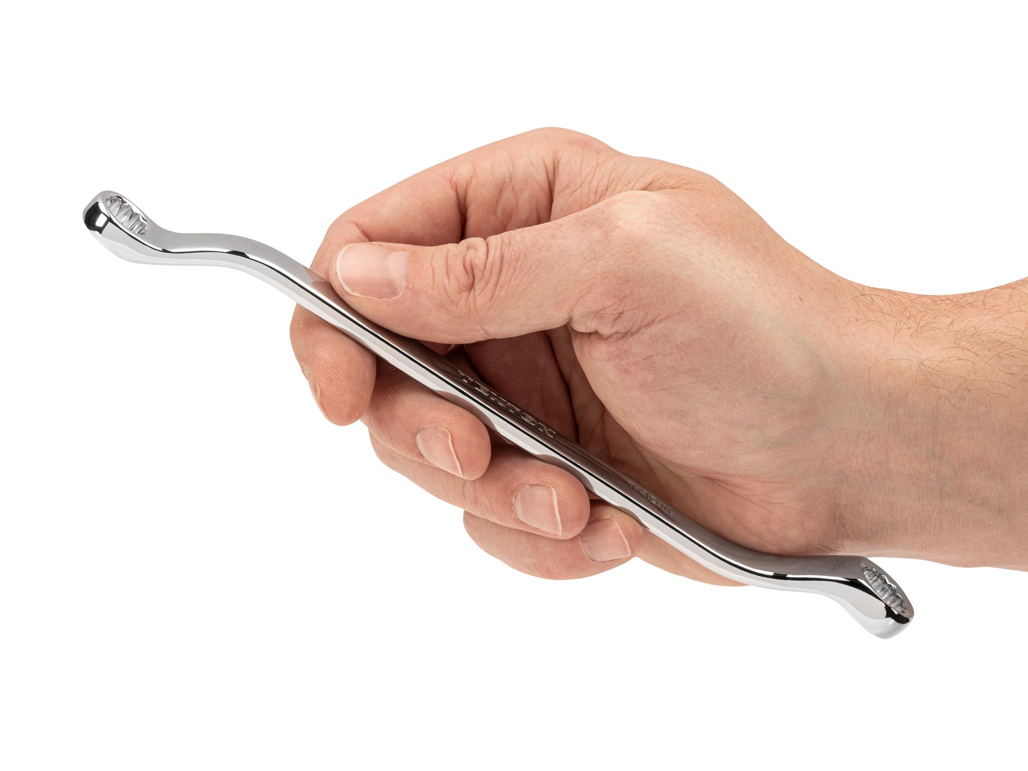 Person holding Tekton box end wrench. Item #WBE23310