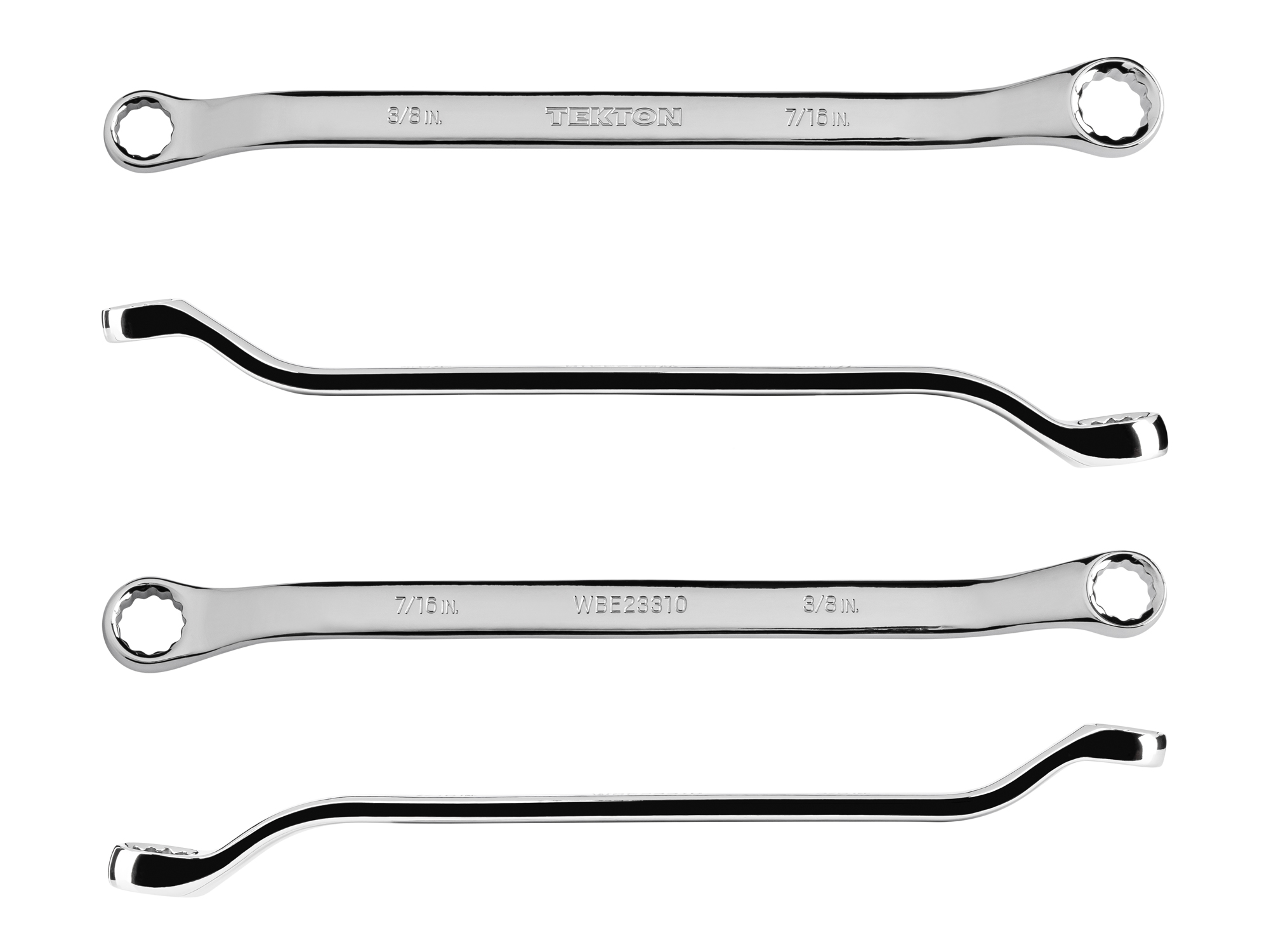 Size: 3/8 x 7/16 inch (SAE) 45-degree offset double box end wrench with 12-point box ends. Reach around obstructions to access fasteners in tight spots. WBE23310.