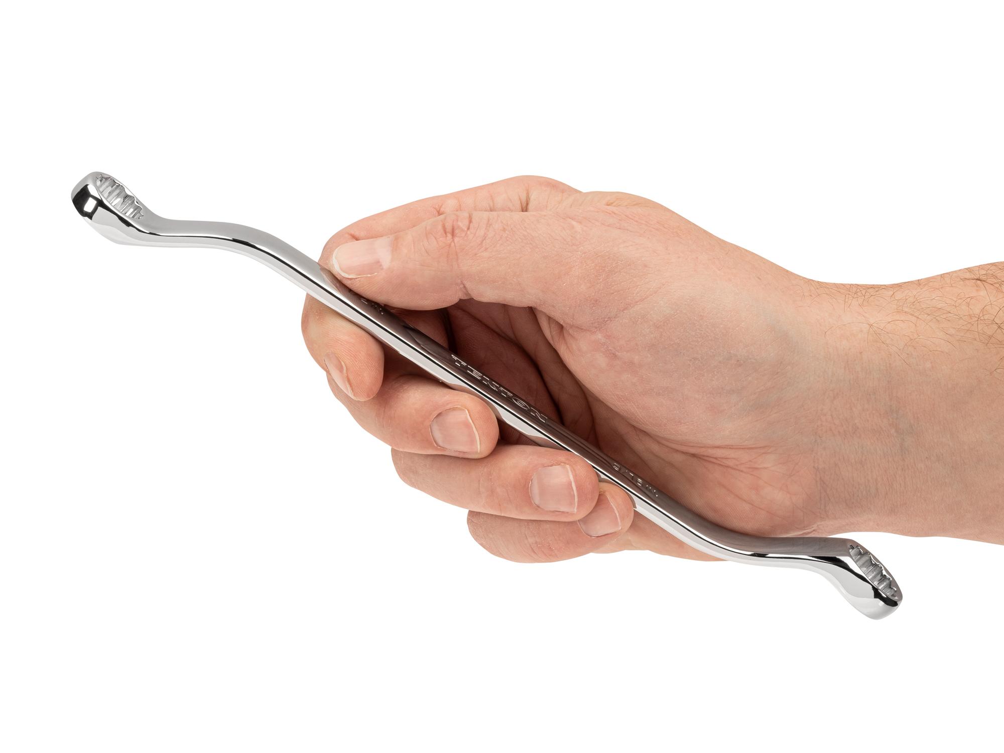 Person holding Tekton box end wrench. Item #WBE23313