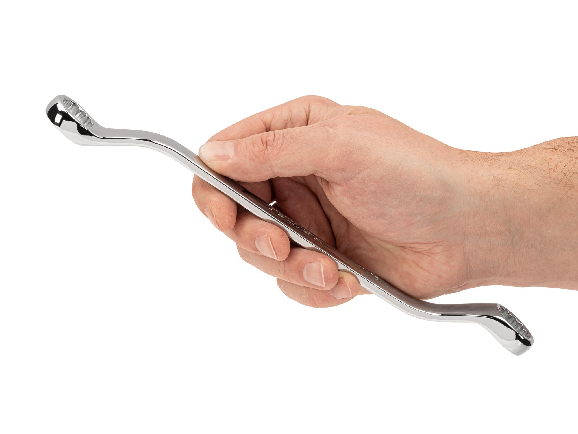 Person holding Tekton box end wrench. Item #WBE23316