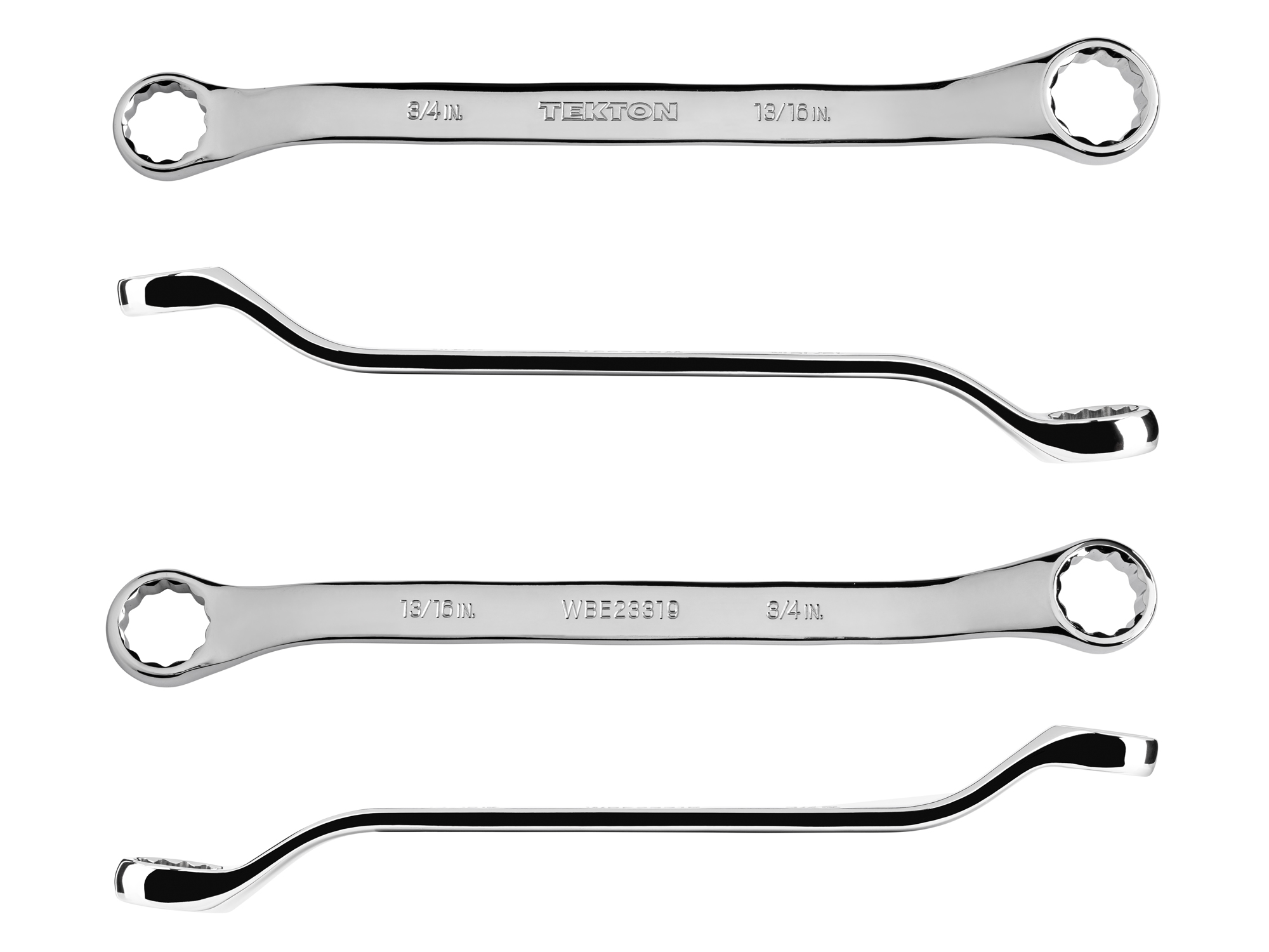 Size: 3/4 x 13/16 inch (SAE) 45-degree offset double box end wrench with 12-point box ends. Reach around obstructions to access fasteners in tight spots. WBE23319.