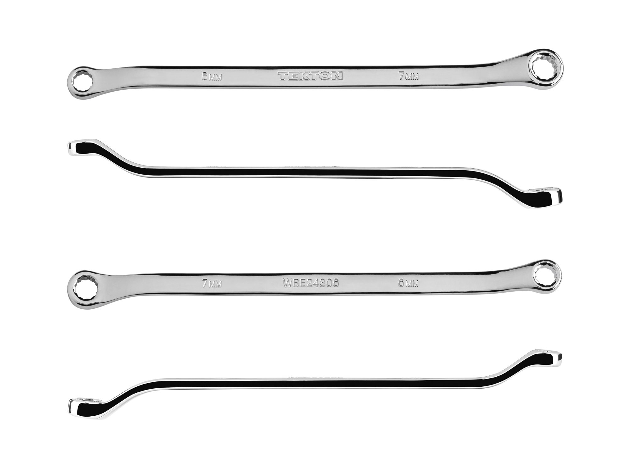 Size: 6 x 7 mm (metric) 45-degree offset double box end wrench with 12-point box ends. Reach around obstructions to access fasteners in tight spots. WBE24306.