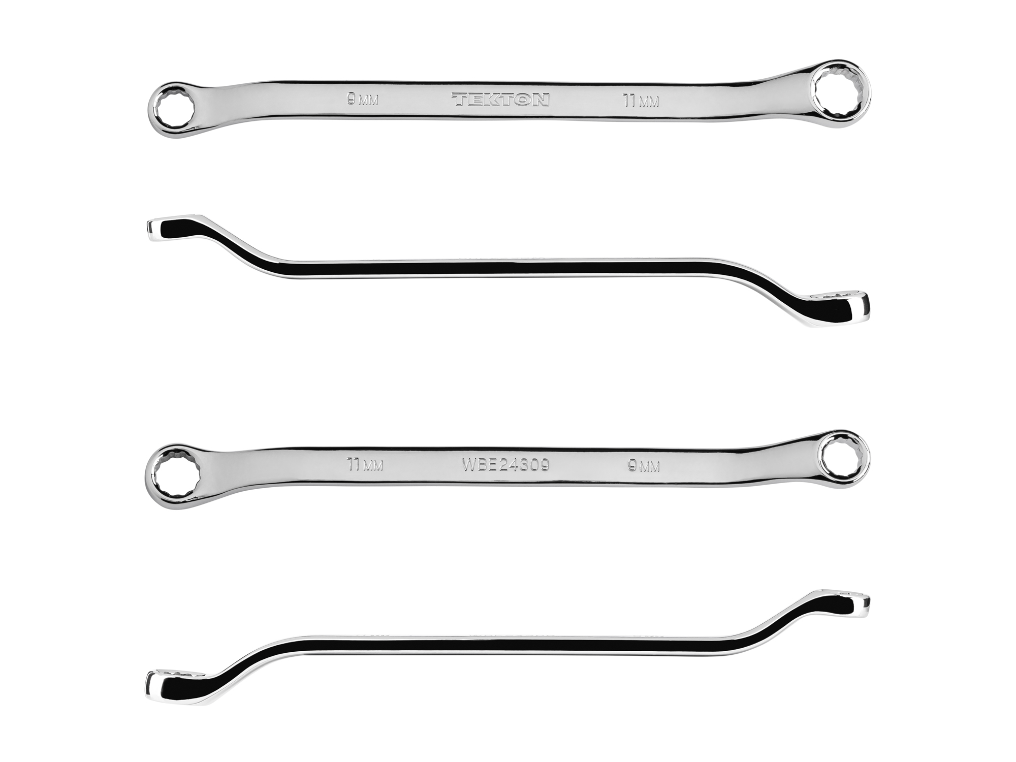 Size: 9 x 11 mm (metric) 45-degree offset double box end wrench with 12-point box ends. Reach around obstructions to access fasteners in tight spots. WBE24309.