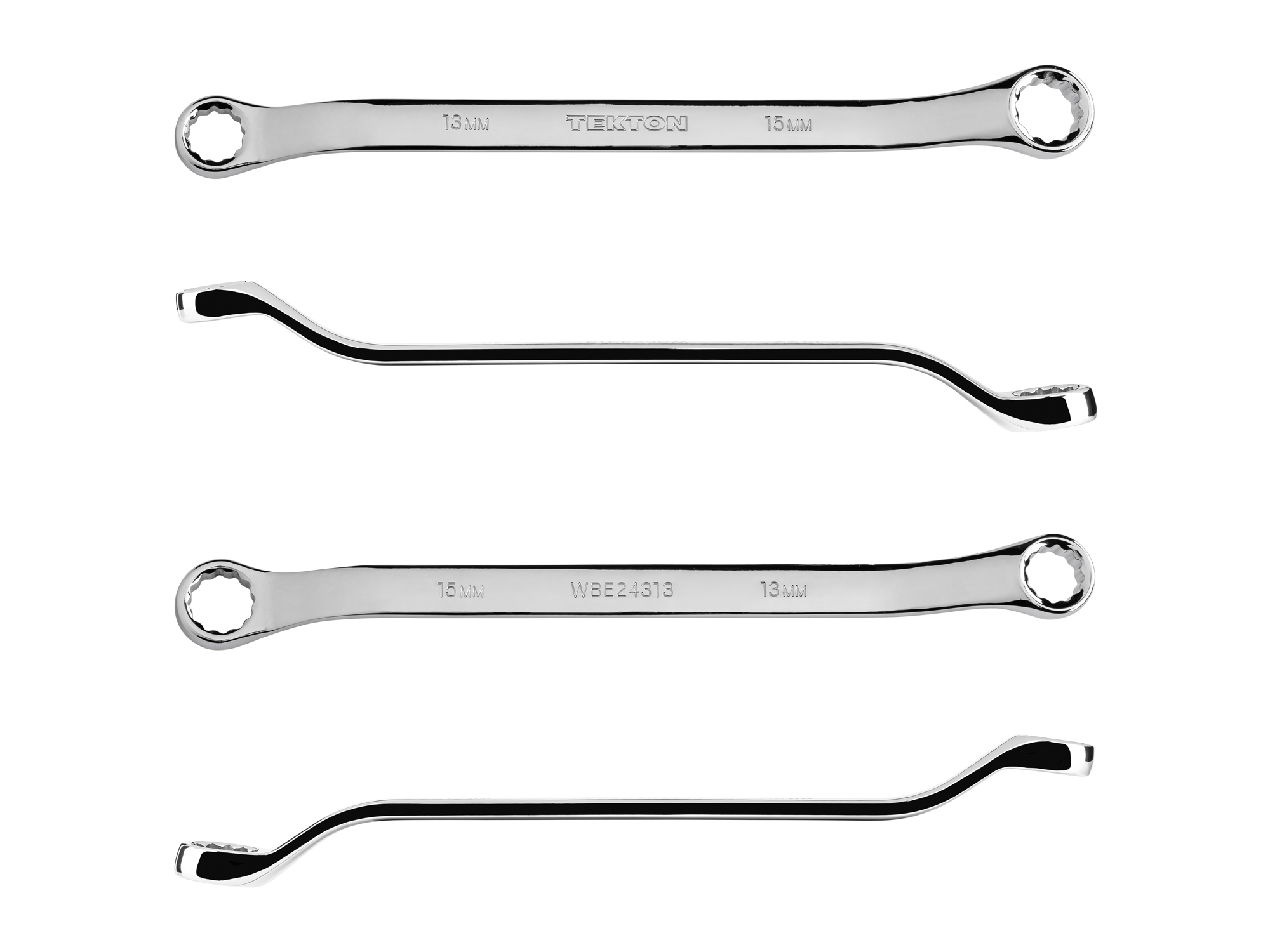 Size: 13 x 15 mm (metric) 45-degree offset double box end wrench with 12-point box ends. Reach around obstructions to access fasteners in tight spots. WBE24313.