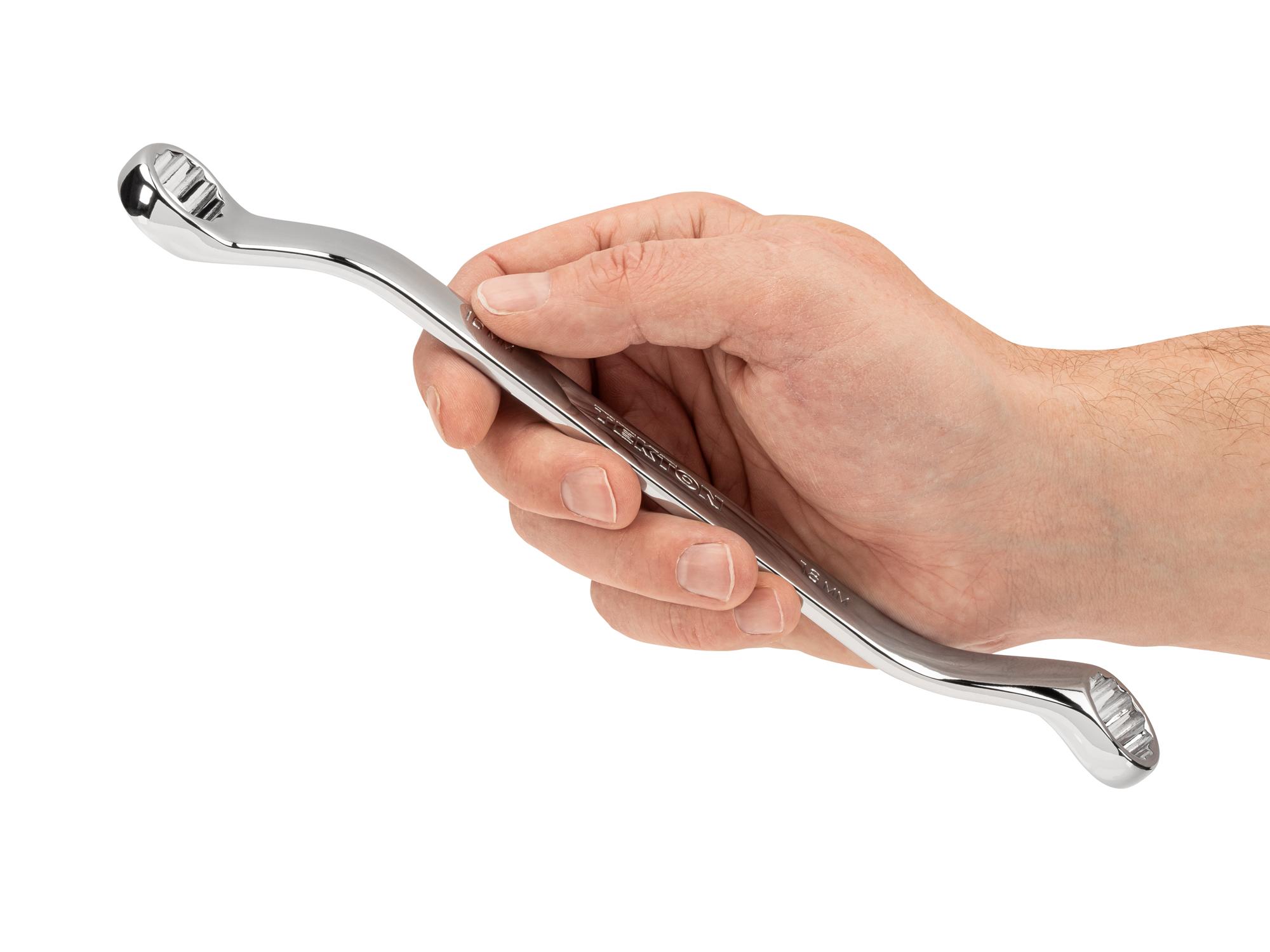 Person holding Tekton box end wrench. Item #WBE24316