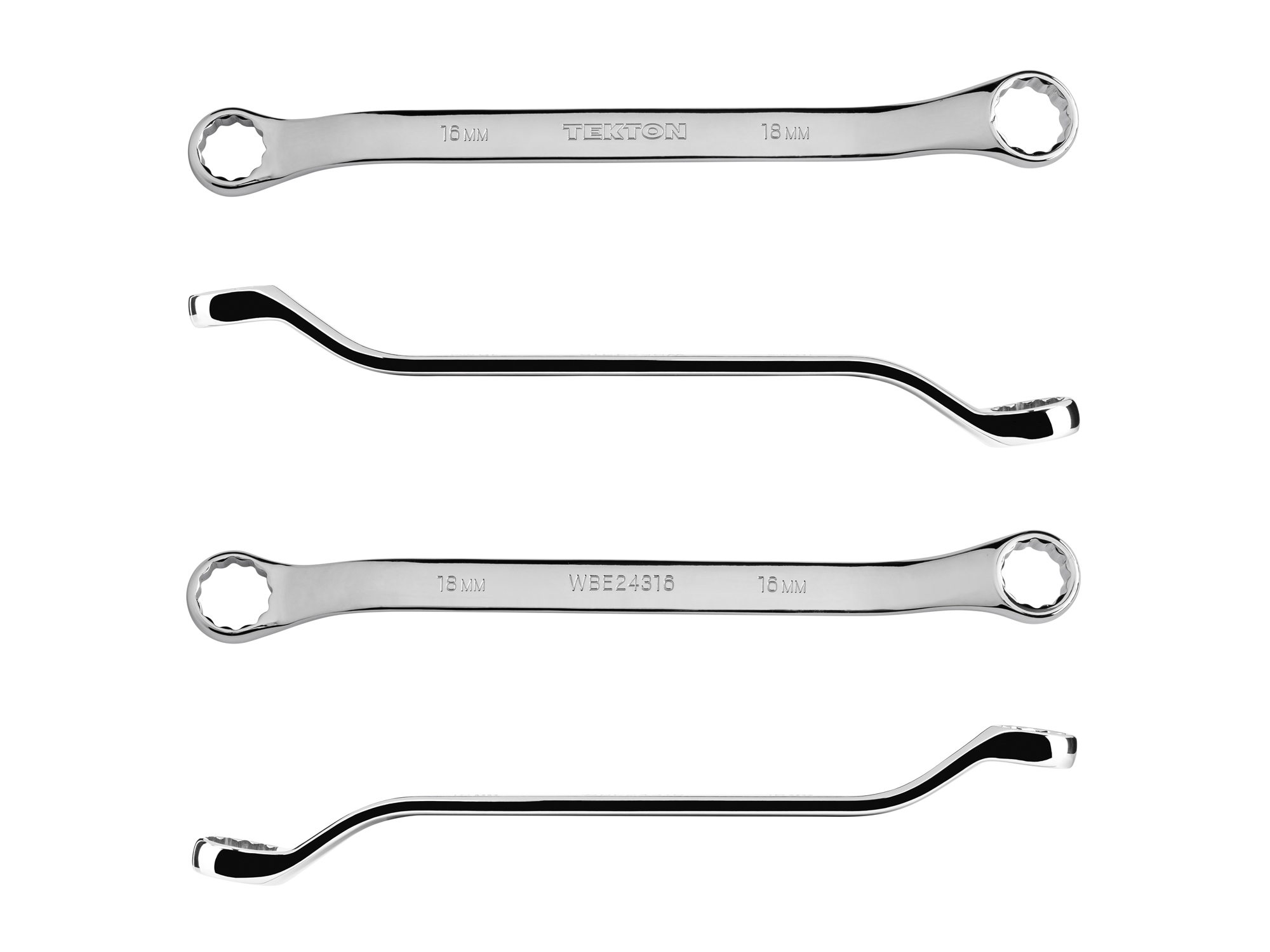 Size: 16 x 18 mm (metric) 45-degree offset double box end wrench with 12-point box ends. Reach around obstructions to access fasteners in tight spots. WBE24316.