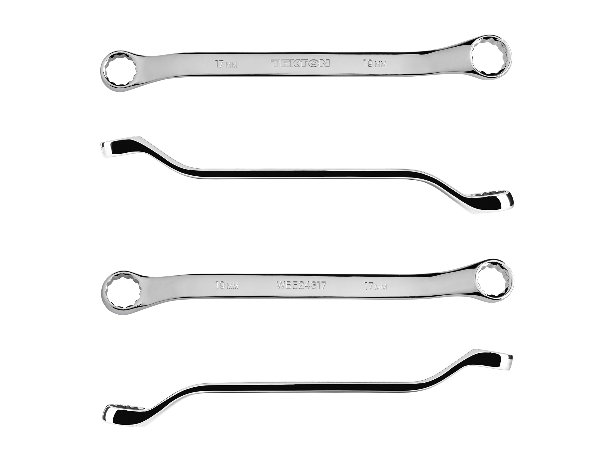 Size: 17 x 19 mm (metric) 45-degree offset double box end wrench with 12-point box ends. Reach around obstructions to access fasteners in tight spots. WBE24317.