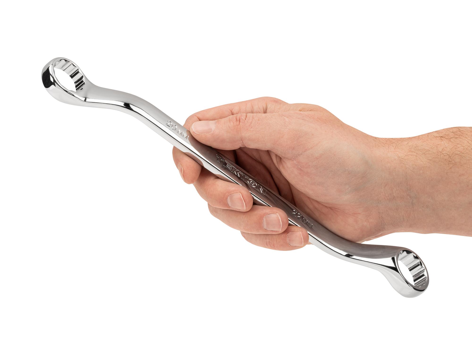 Person holding Tekton box end wrench. Item #WBE24320