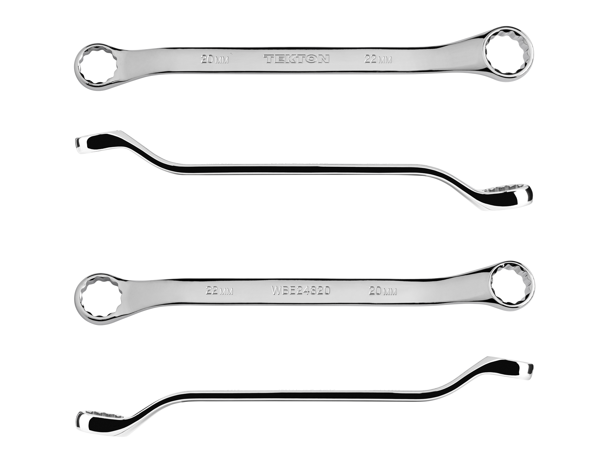 Size: 20 x 22 mm (metric) 45-degree offset double box end wrench with 12-point box ends. Reach around obstructions to access fasteners in tight spots. WBE24320.