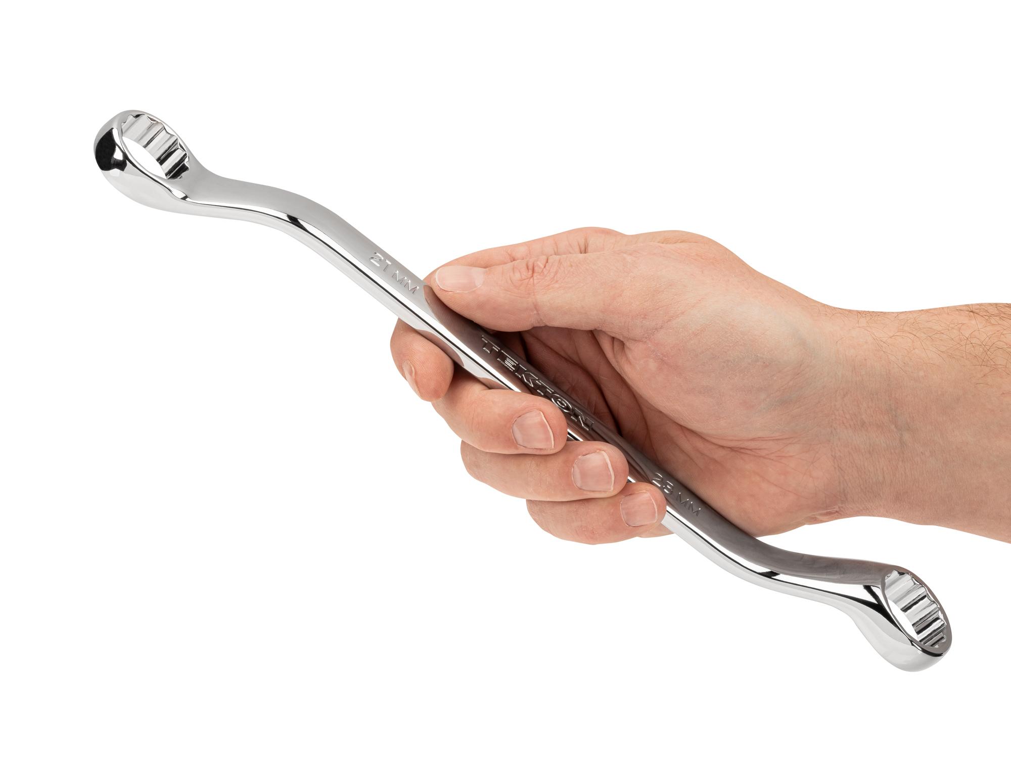 Person holding Tekton box end wrench. Item #WBE24321