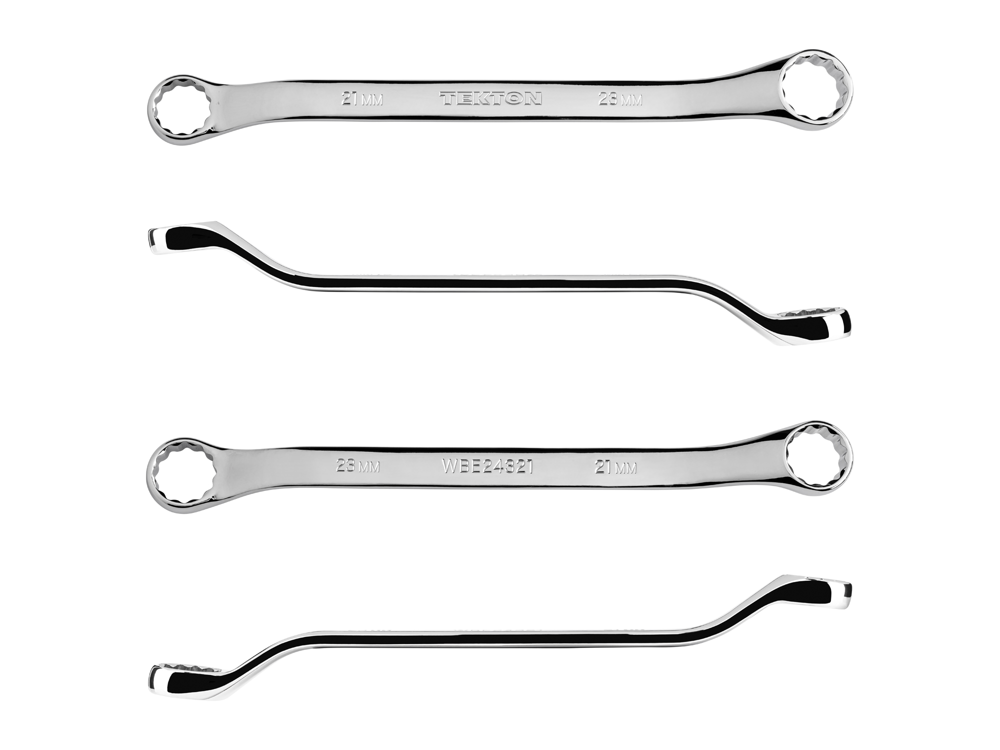 Size: 21 x 23 mm (metric) 45-degree offset double box end wrench with 12-point box ends. Reach around obstructions to access fasteners in tight spots. WBE24321.