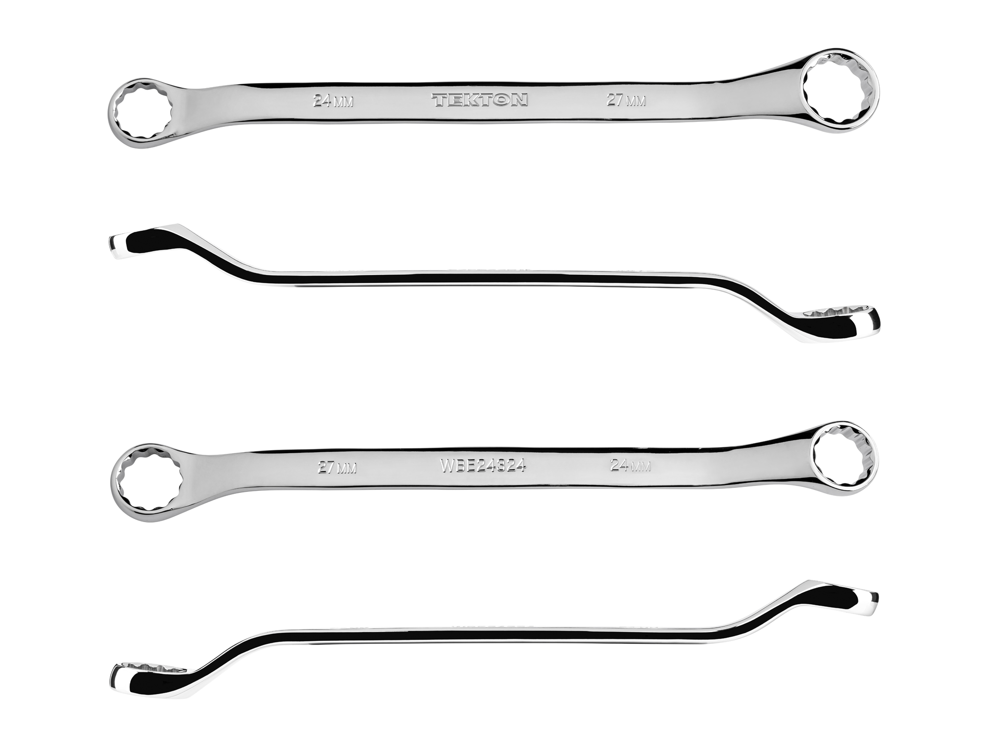 Size: 24 x 27 mm (metric) 45-degree offset double box end wrench with 12-point box ends. Reach around obstructions to access fasteners in tight spots. WBE24324.