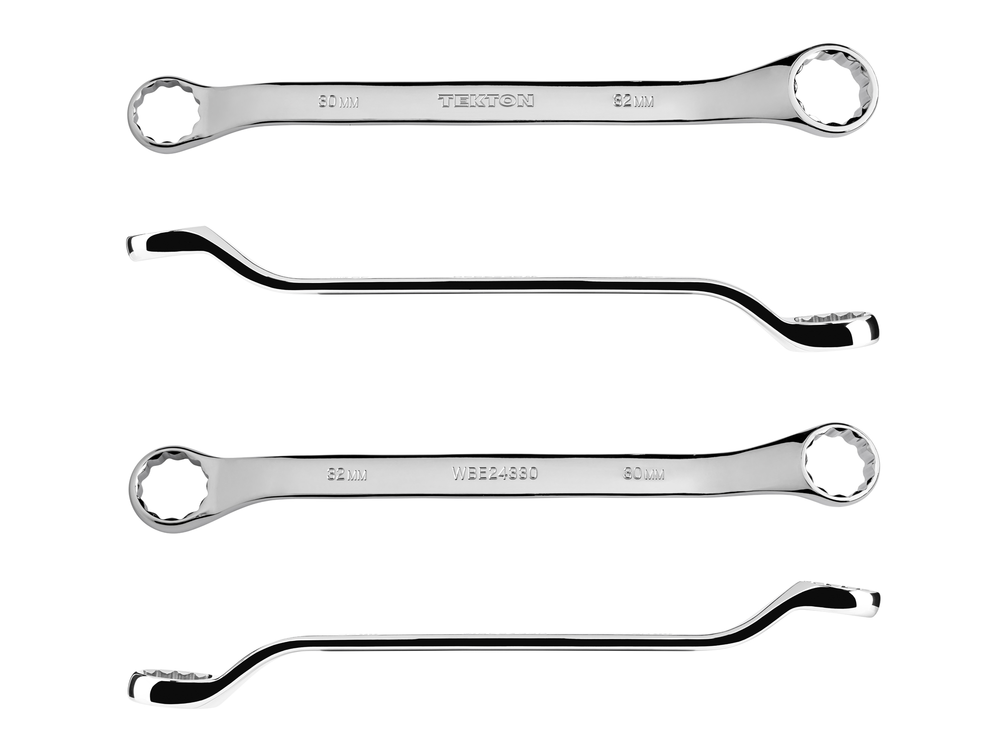 Size: 30 x 32 mm (metric) 45-degree offset double box end wrench with 12-point box ends. Reach around obstructions to access fasteners in tight spots. WBE24330.