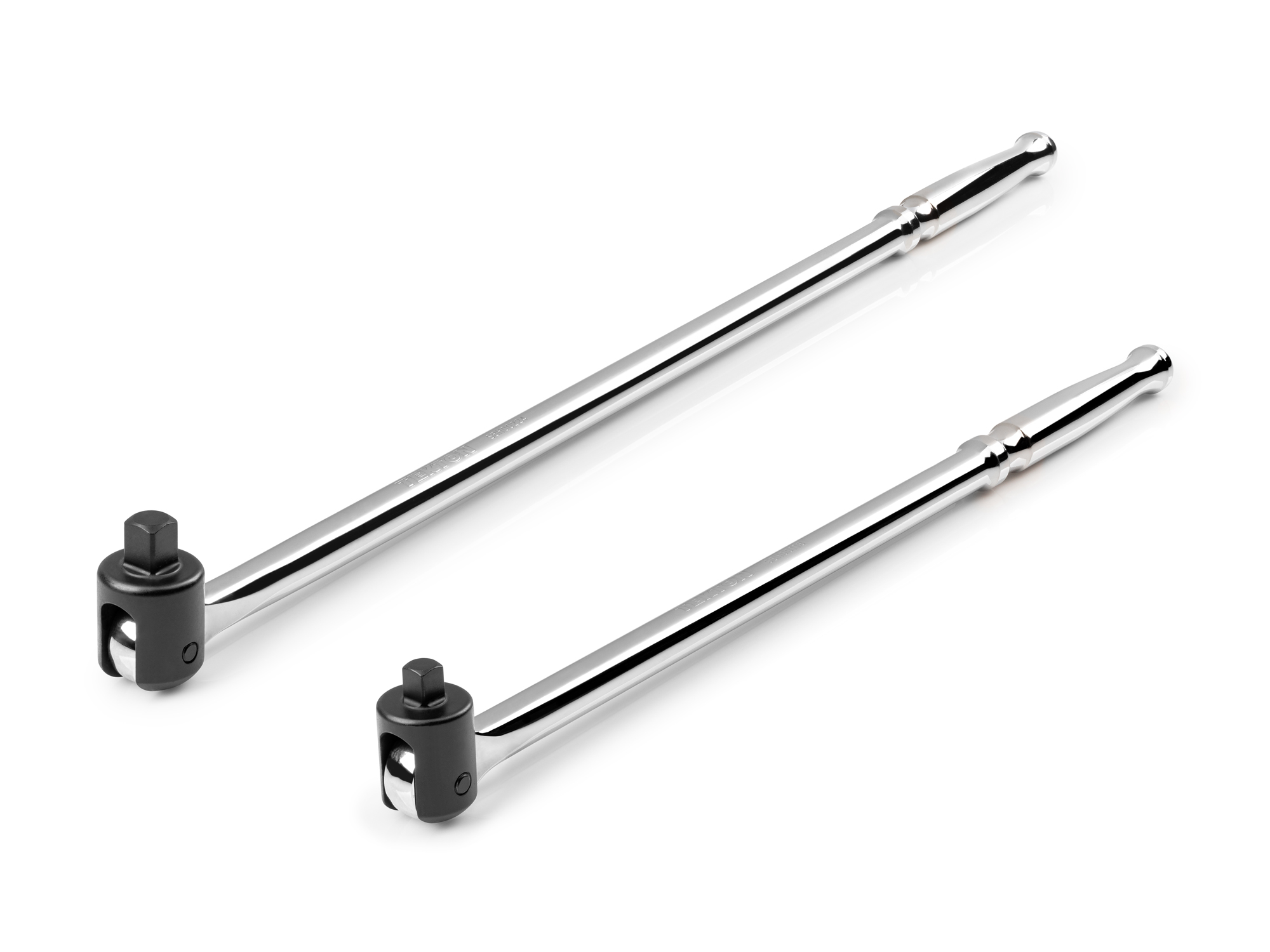 2-piece set includes 3/8 inch drive and 1/2 inch drive breaker bars with polished grips and 230-degree pivoting heads. SBH99200.