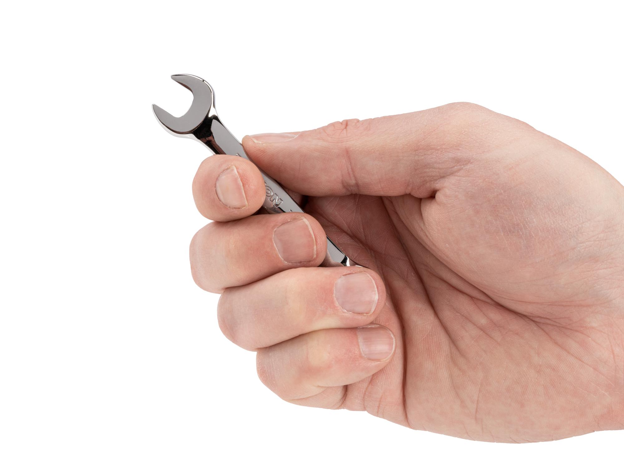 Person holding Tekton combination wrench. Item #18044