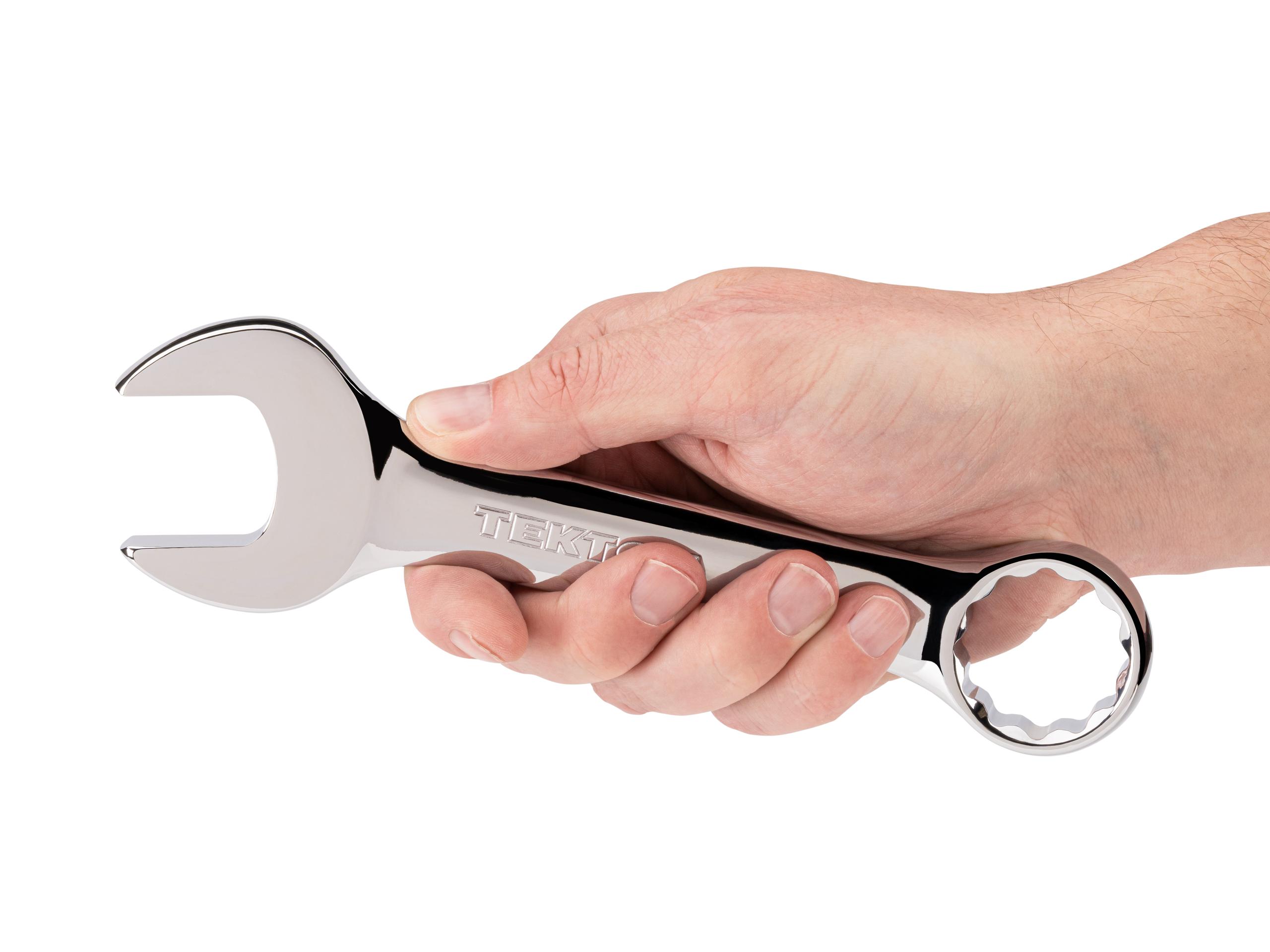 Person holding Tekton combination wrench. Item #18057