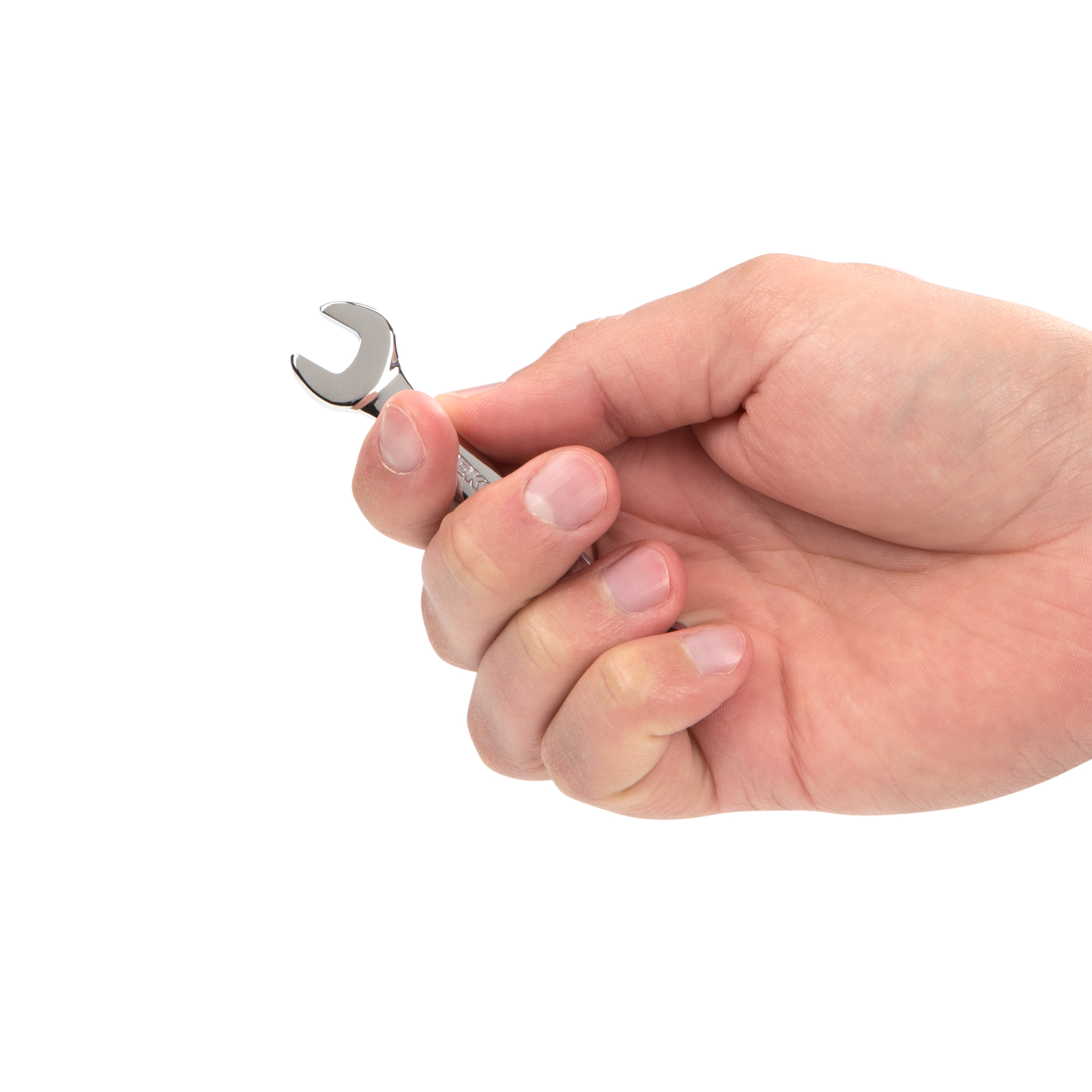 Person holding  Tekton 8 millimeter combination wrench