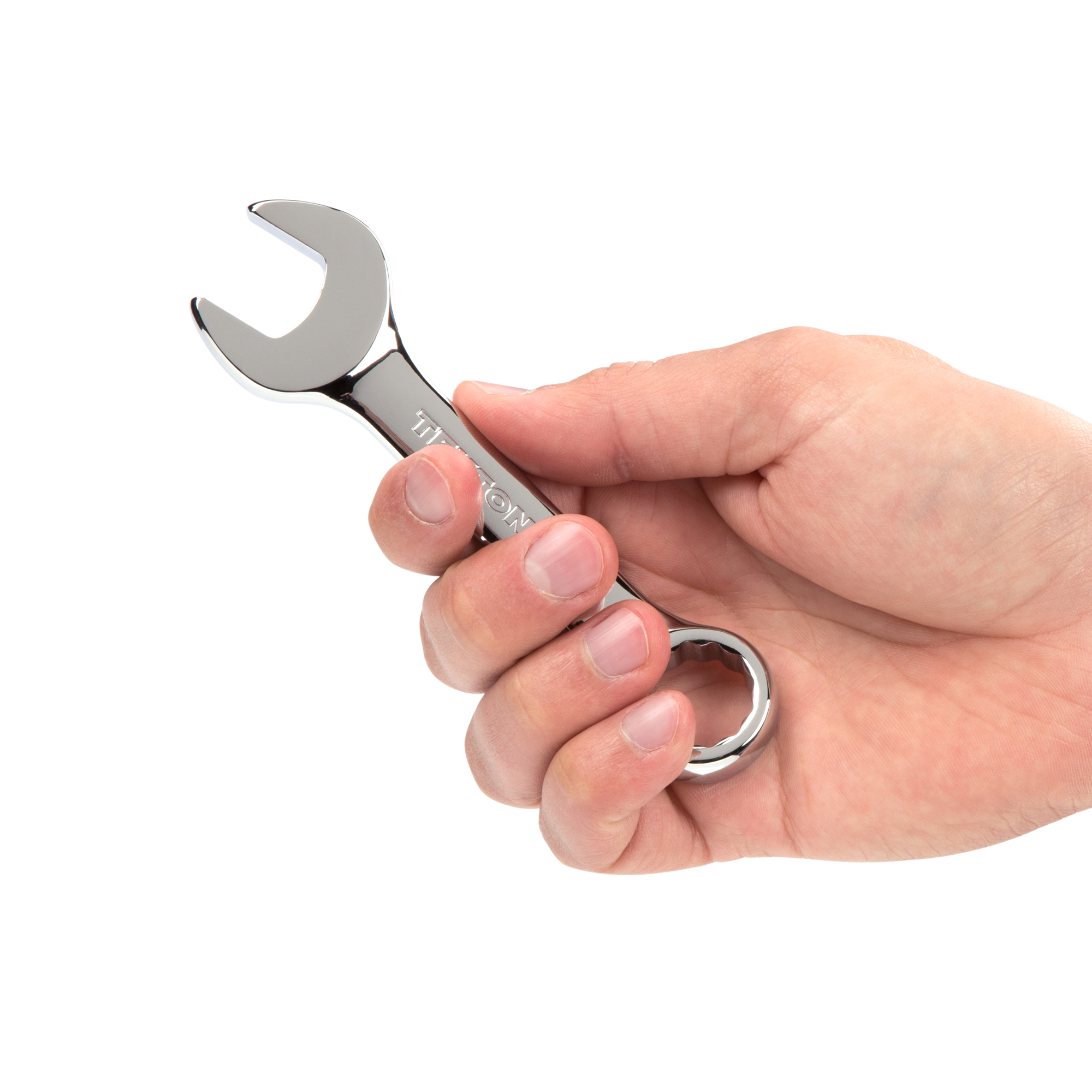 Person holding  Tekton 17 millimeter combination wrench