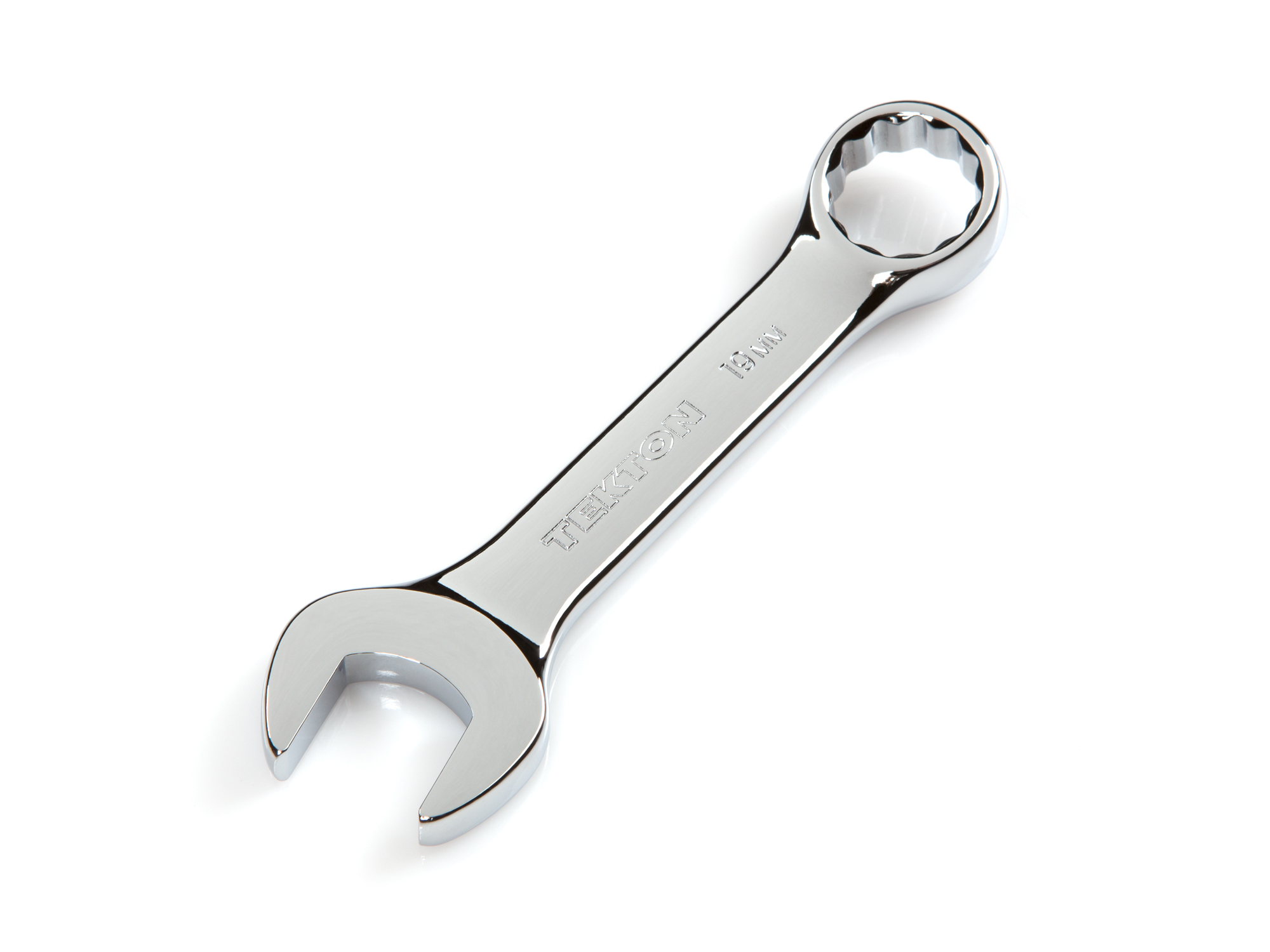 Front-right angle view of  Tekton 19 millimeter combination wrench