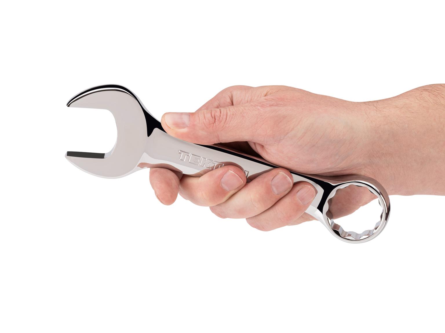 Person holding Tekton combination wrench. Item #18086