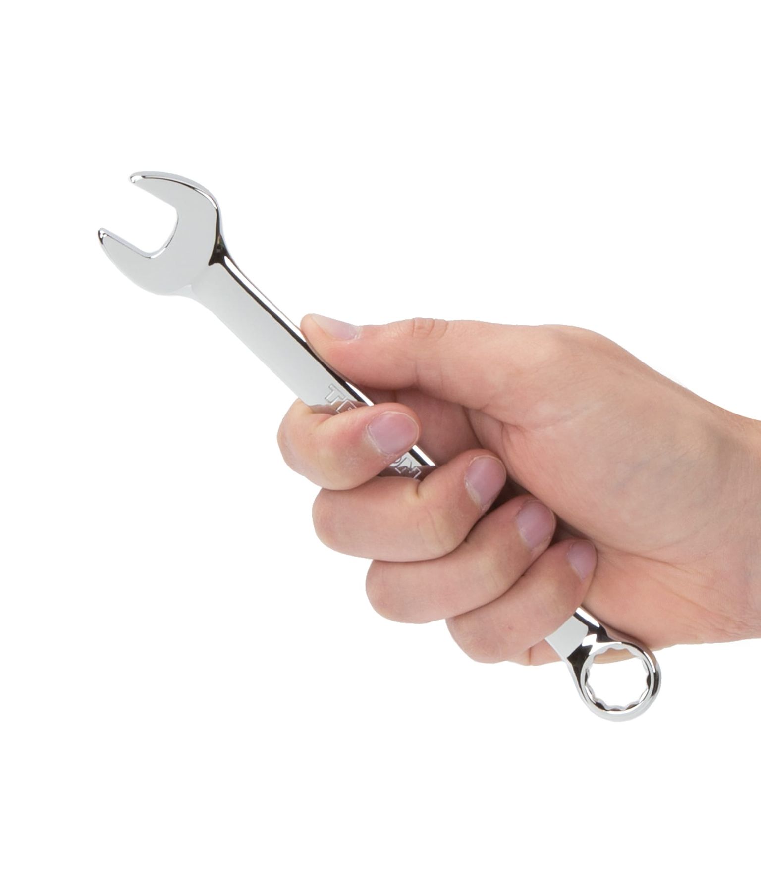 Person holding Tekton 13 millimeter combination wrench. Item #18283