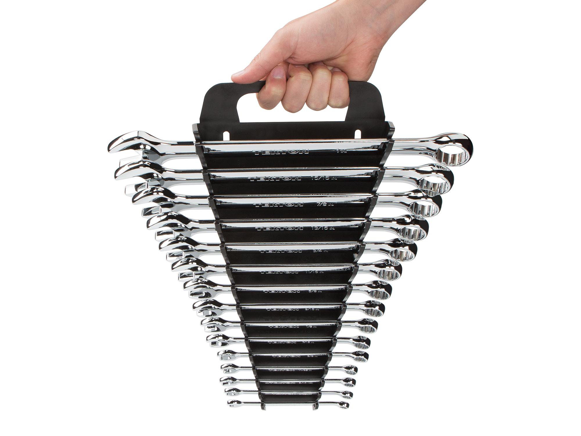 Person holding Tekton holder combination wrench set. Item #18772