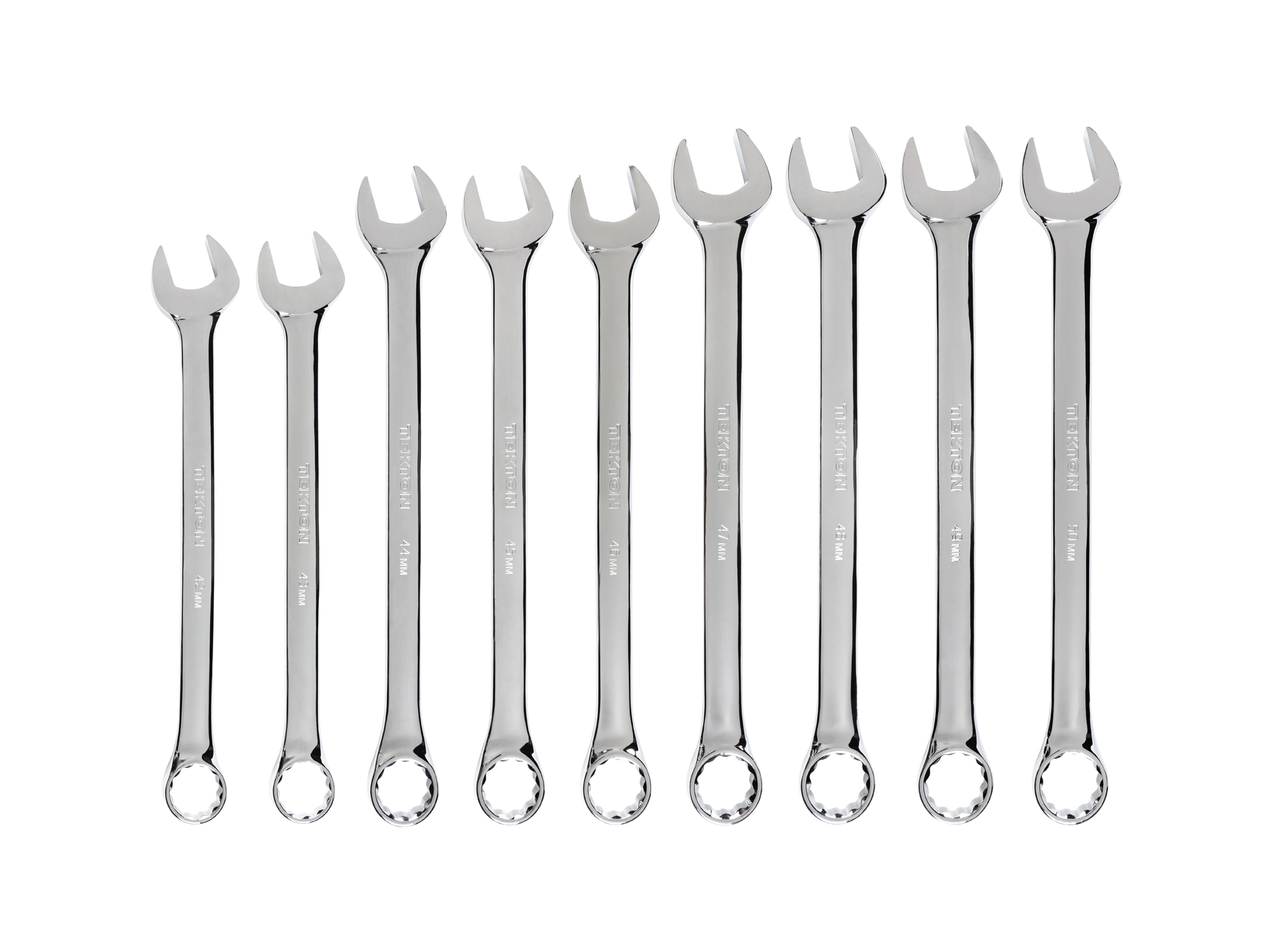 Includes: 42-50 mm (Metric) 12 point standard-length combination wrenches. No skipped sizes. WCB90201.