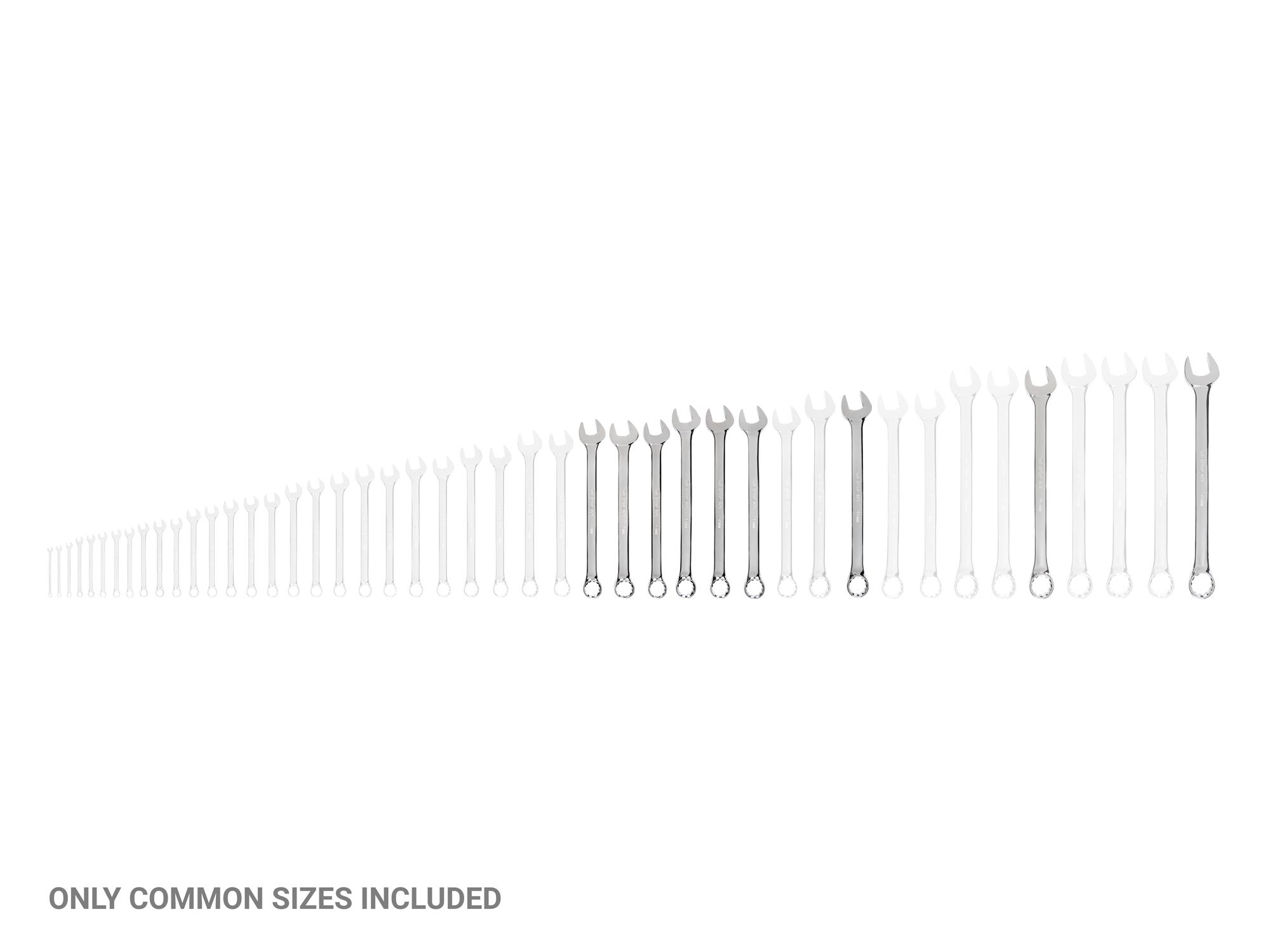 Laid out contents of Tekton combination wrench set. Item #WCB90211
