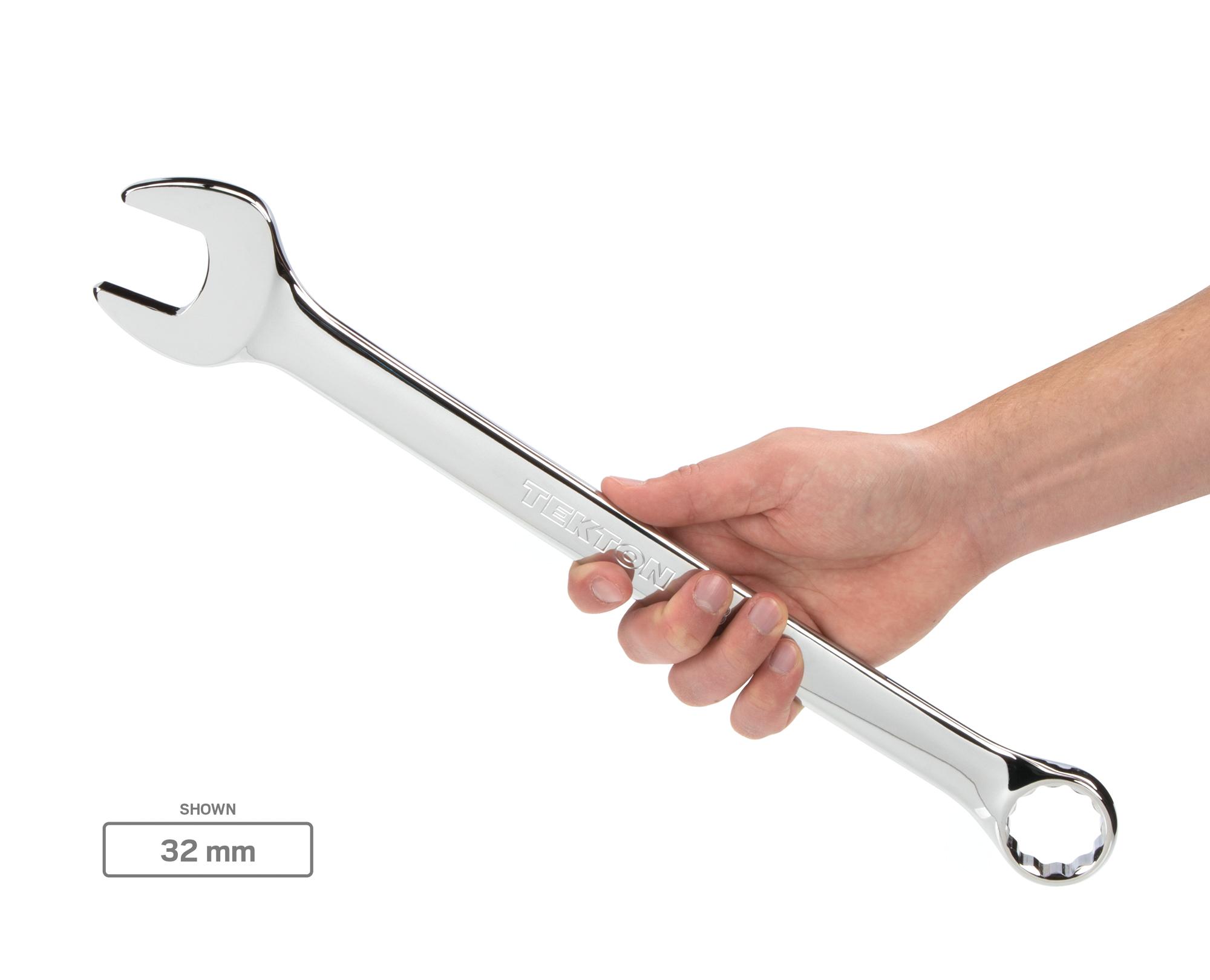 Person holding Tekton combination wrench set. Item #WCB90301