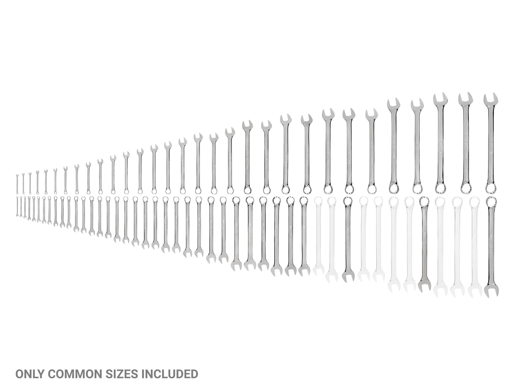 Laid out contents of Tekton combination wrench set. Item #WCB90307