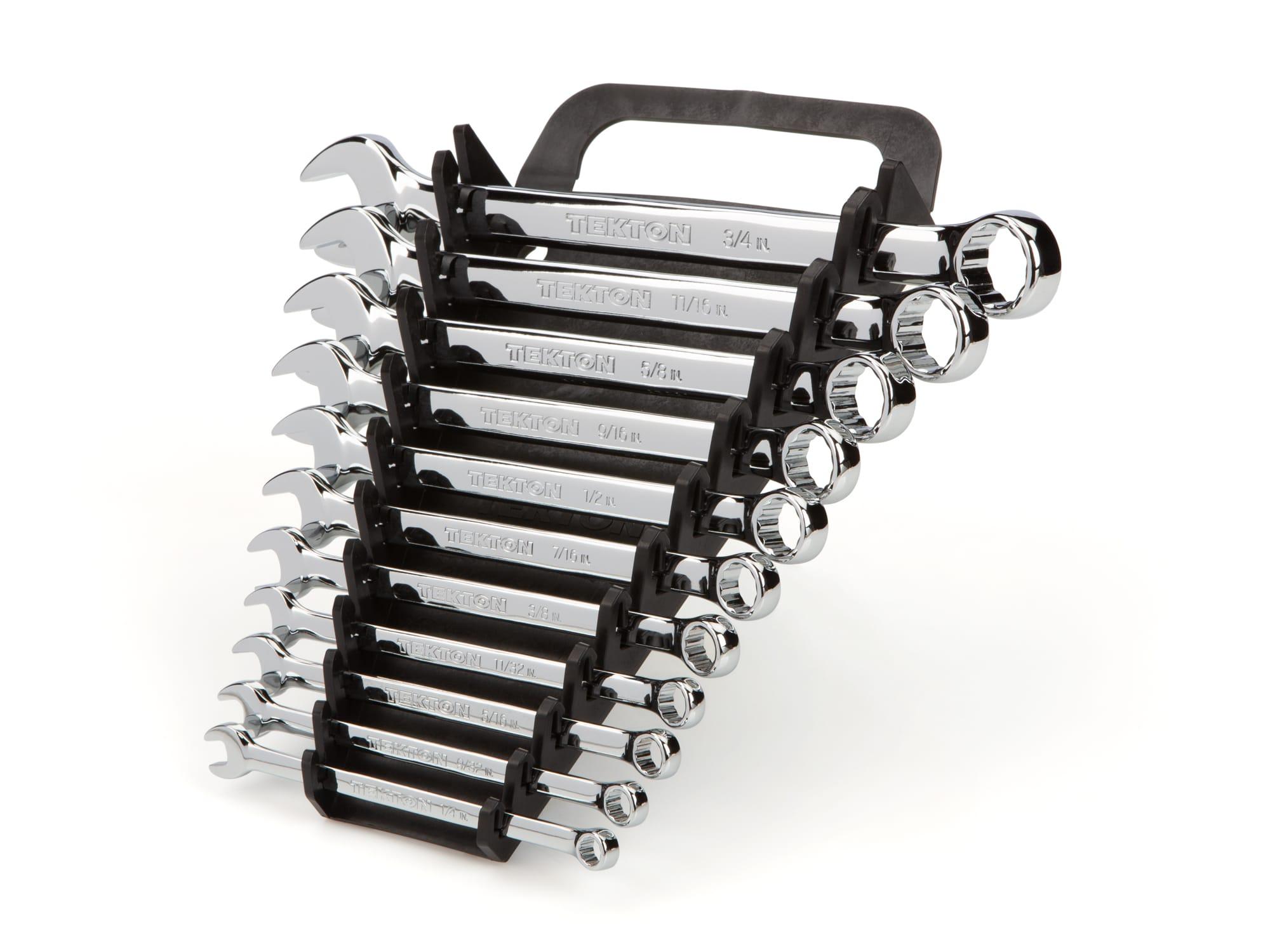 Front-right angle view of Tekton holder combination wrench set. Item #WCB91101