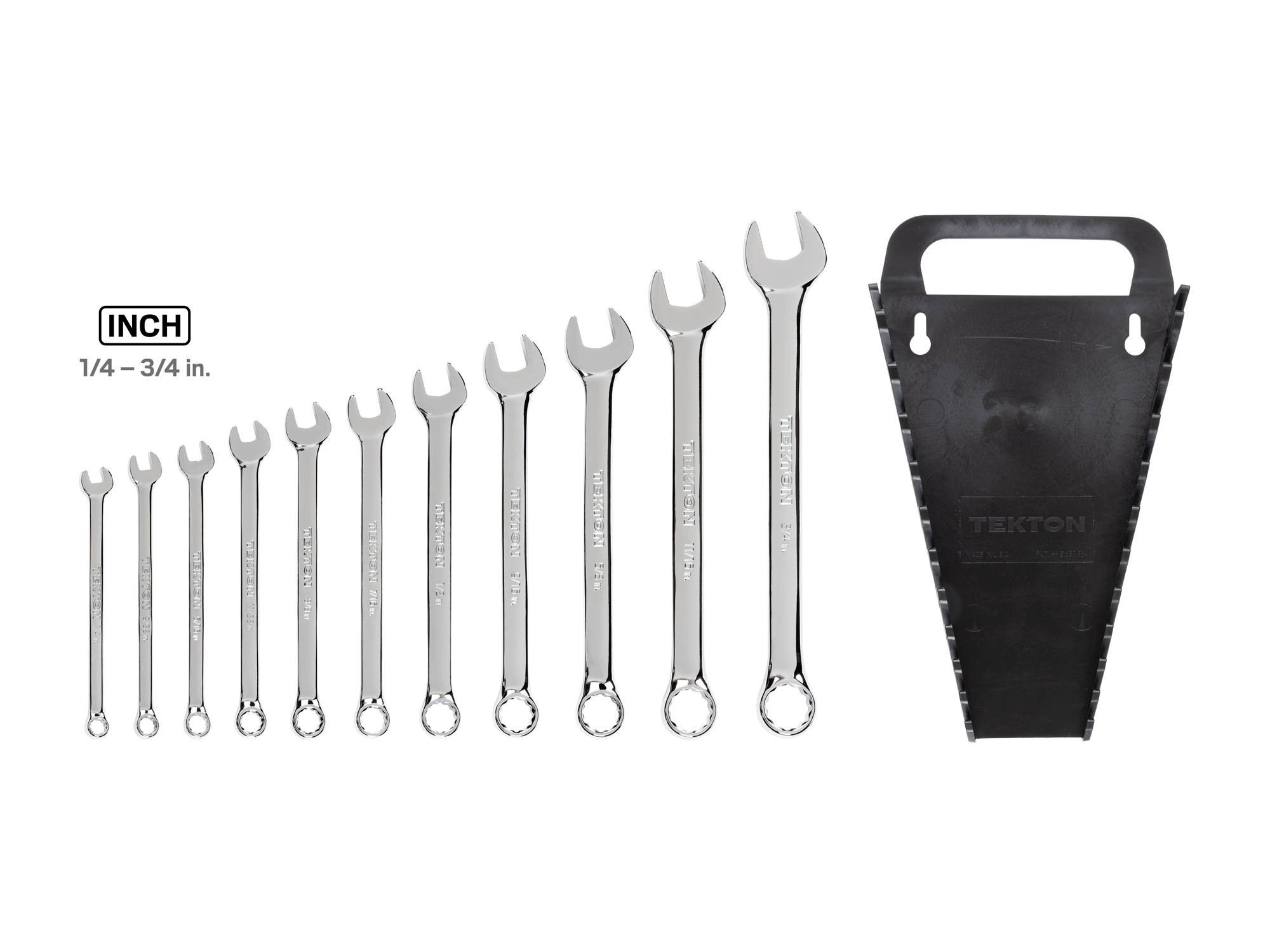 Includes: 1/4-3/4 inch (SAE) 12 point standard-length combination wrenches with holder storage. No skipped sizes. WCB91101.