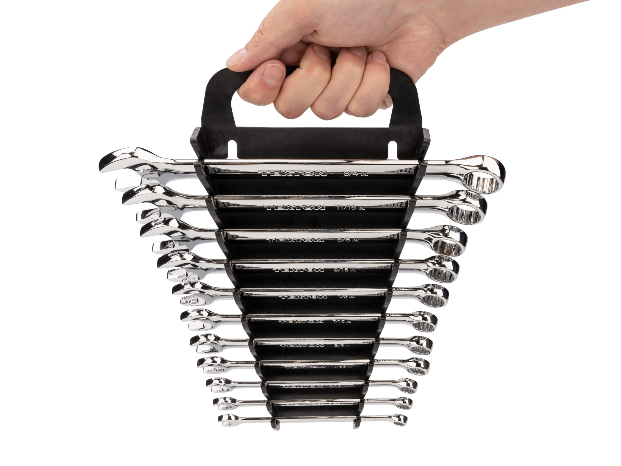 Person Holding 11-piece inch combination wrench set in a black holder