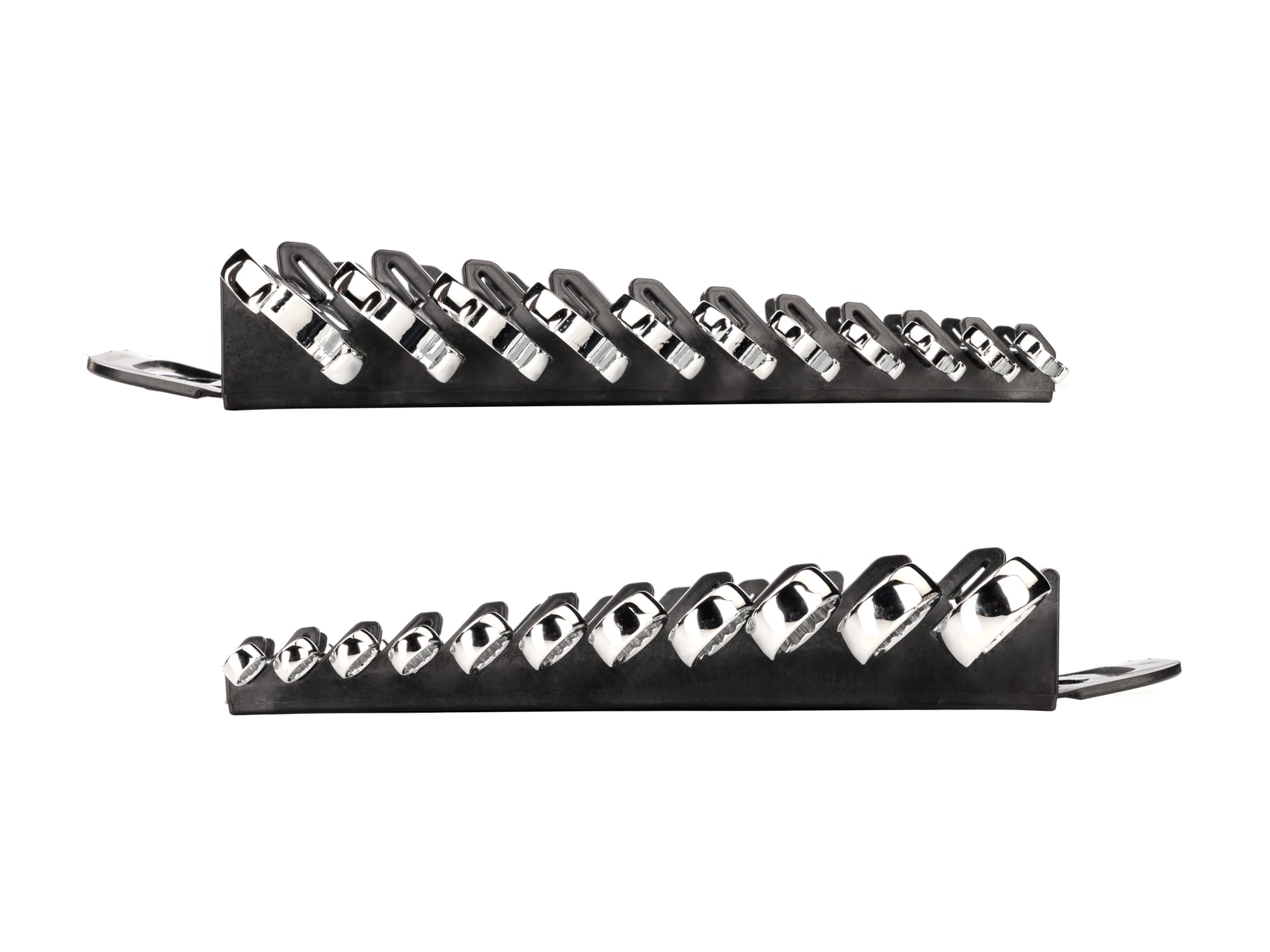 Left and right views of 11-piece inch combination wrench set in a black holder