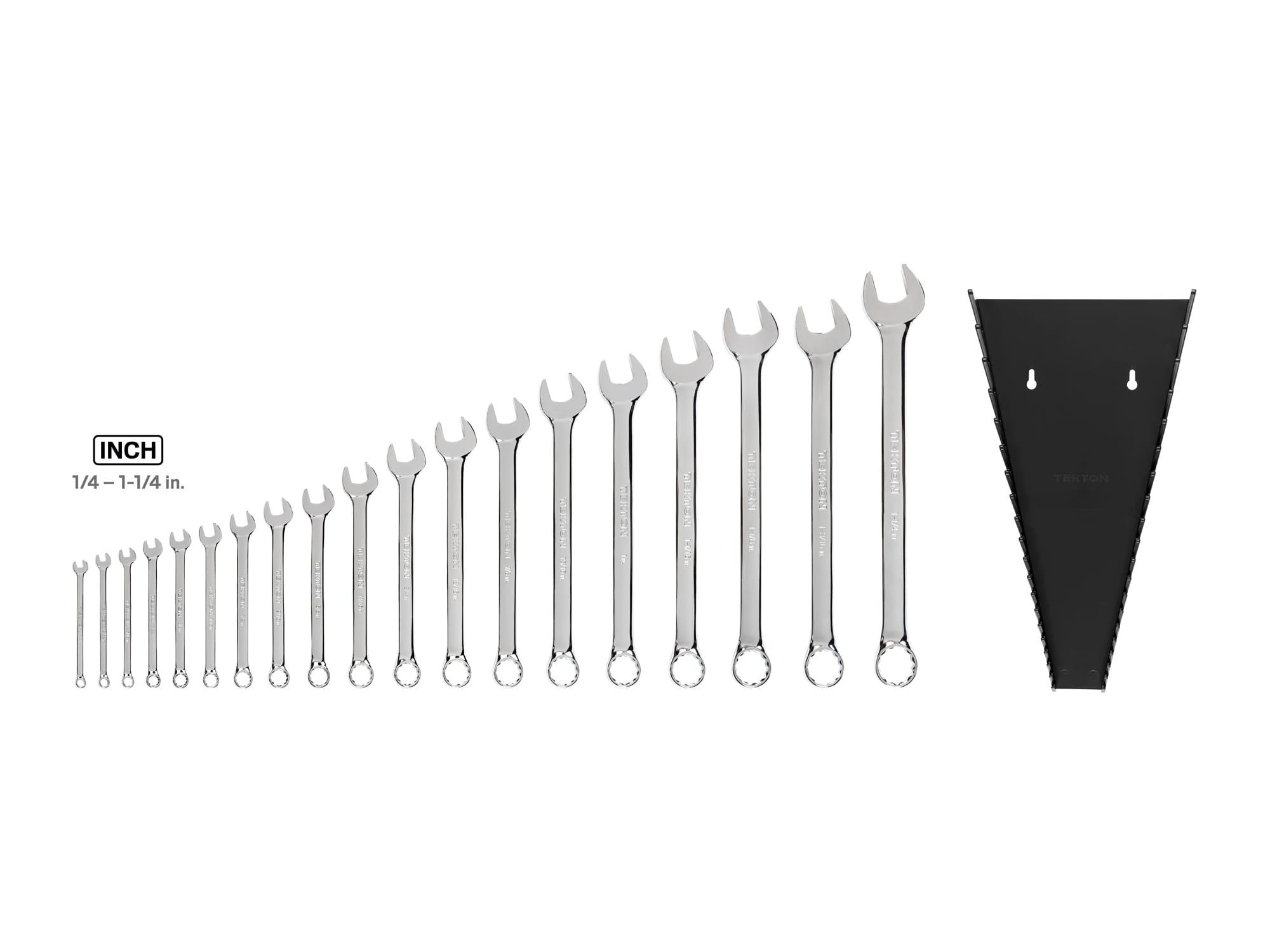 Laid out contents of Tekton rack combination wrench set. Item #WCB91102