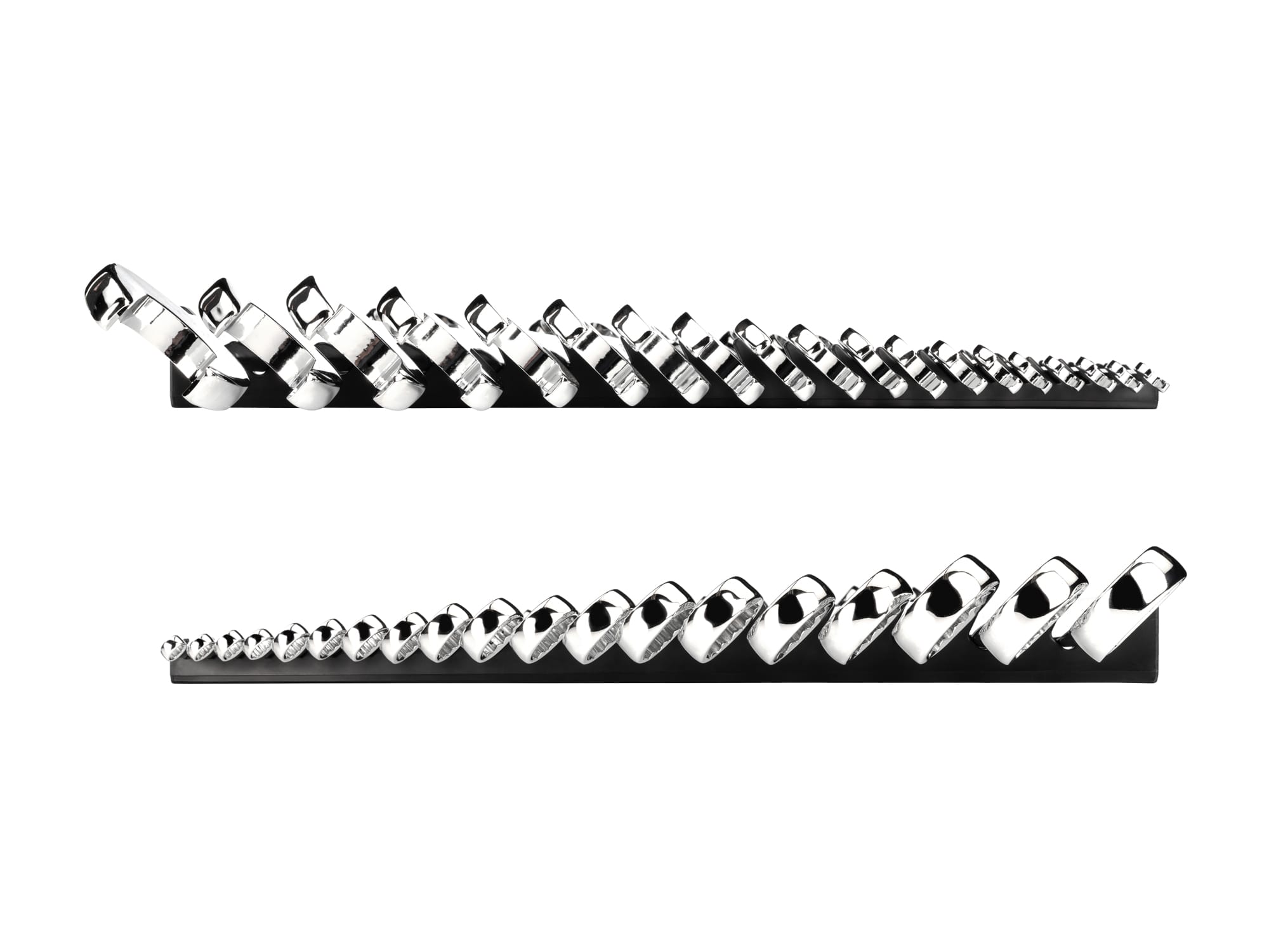 Left and right views of 19-piece inch combination wrench set in a black rack