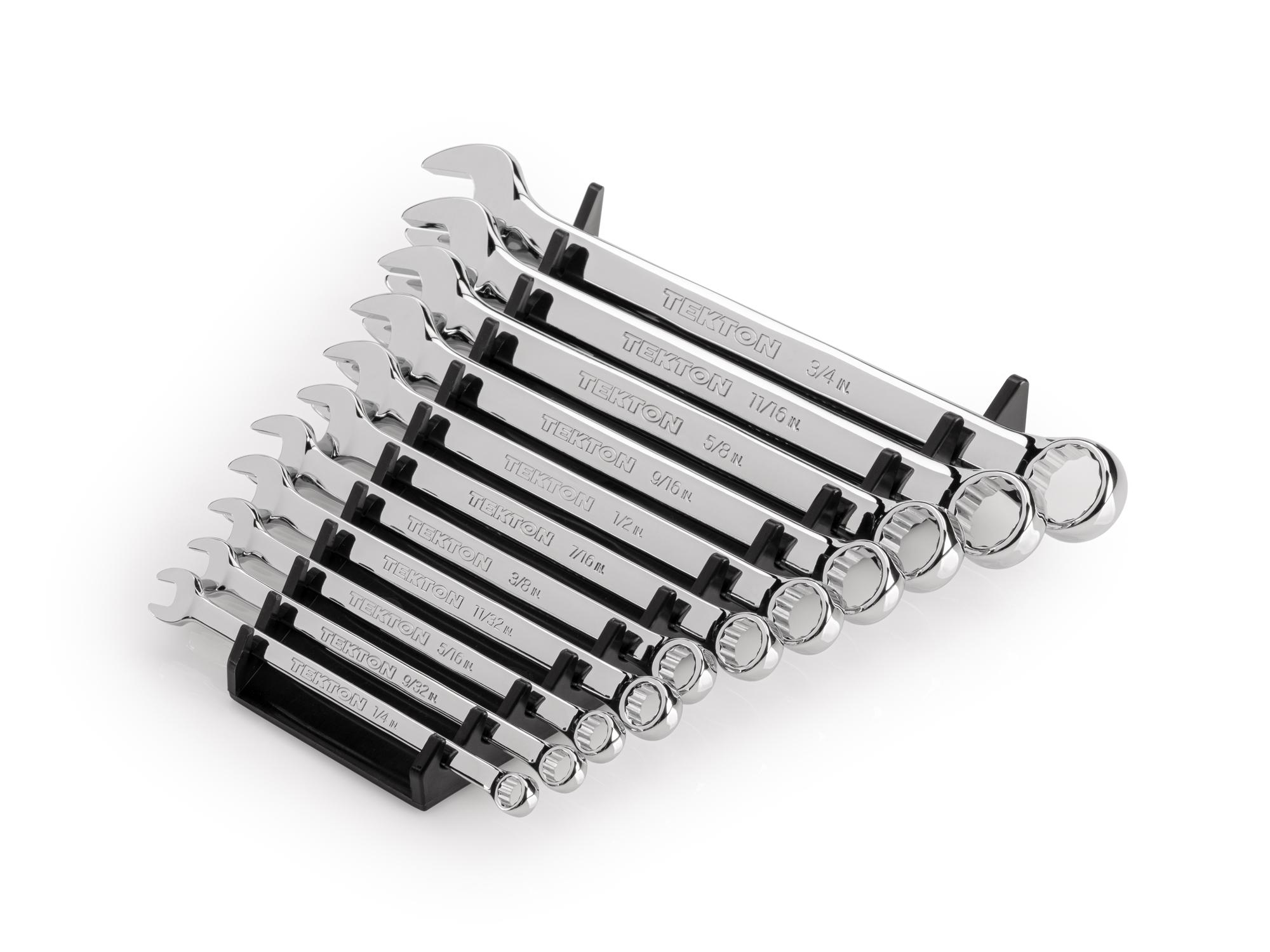 Front-right angle view of Tekton rack combination wrench set. Item #WCB91103